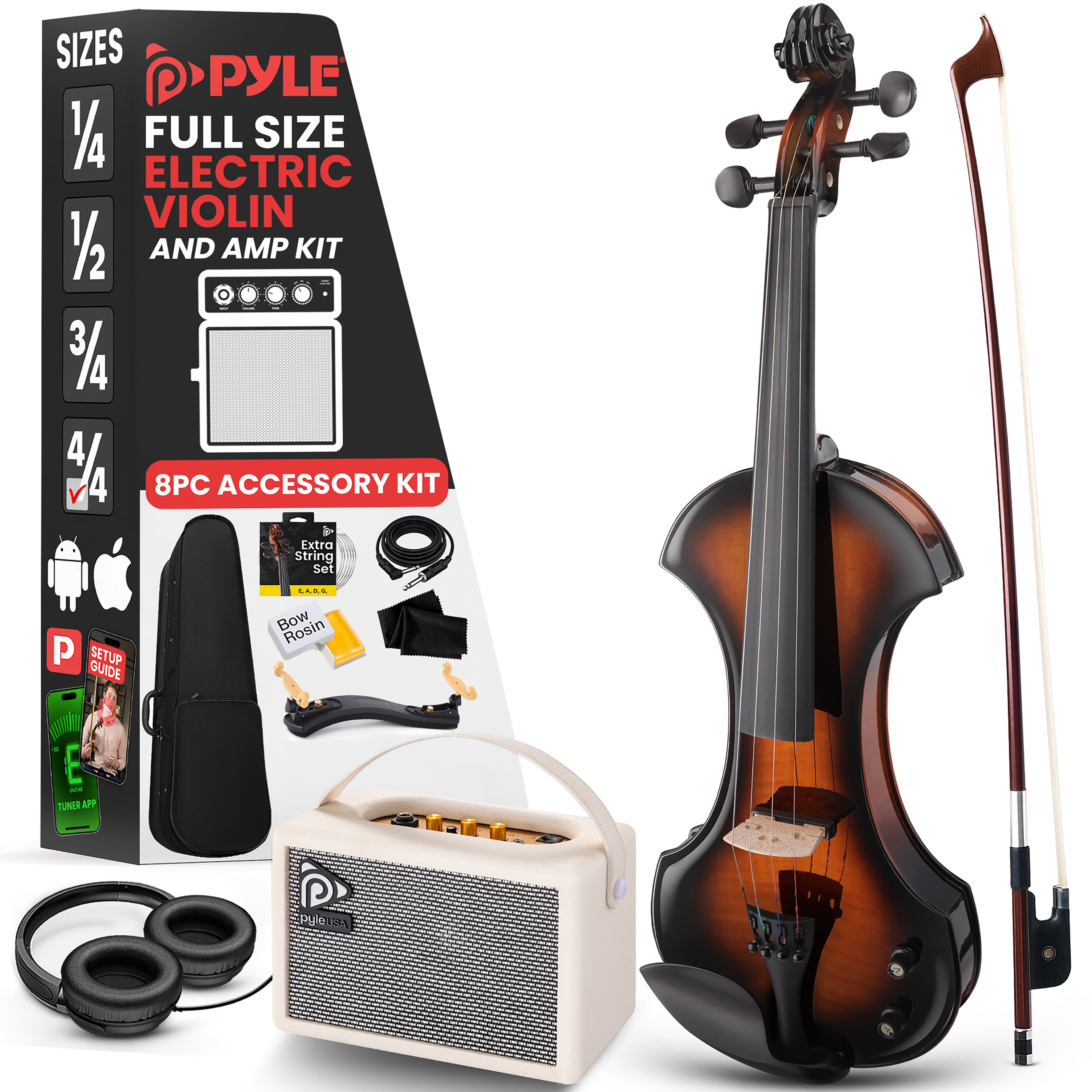 Ein braun-schwarzes E-Violin-Set mit Verstärker, Kopfhörern und Zubehör.