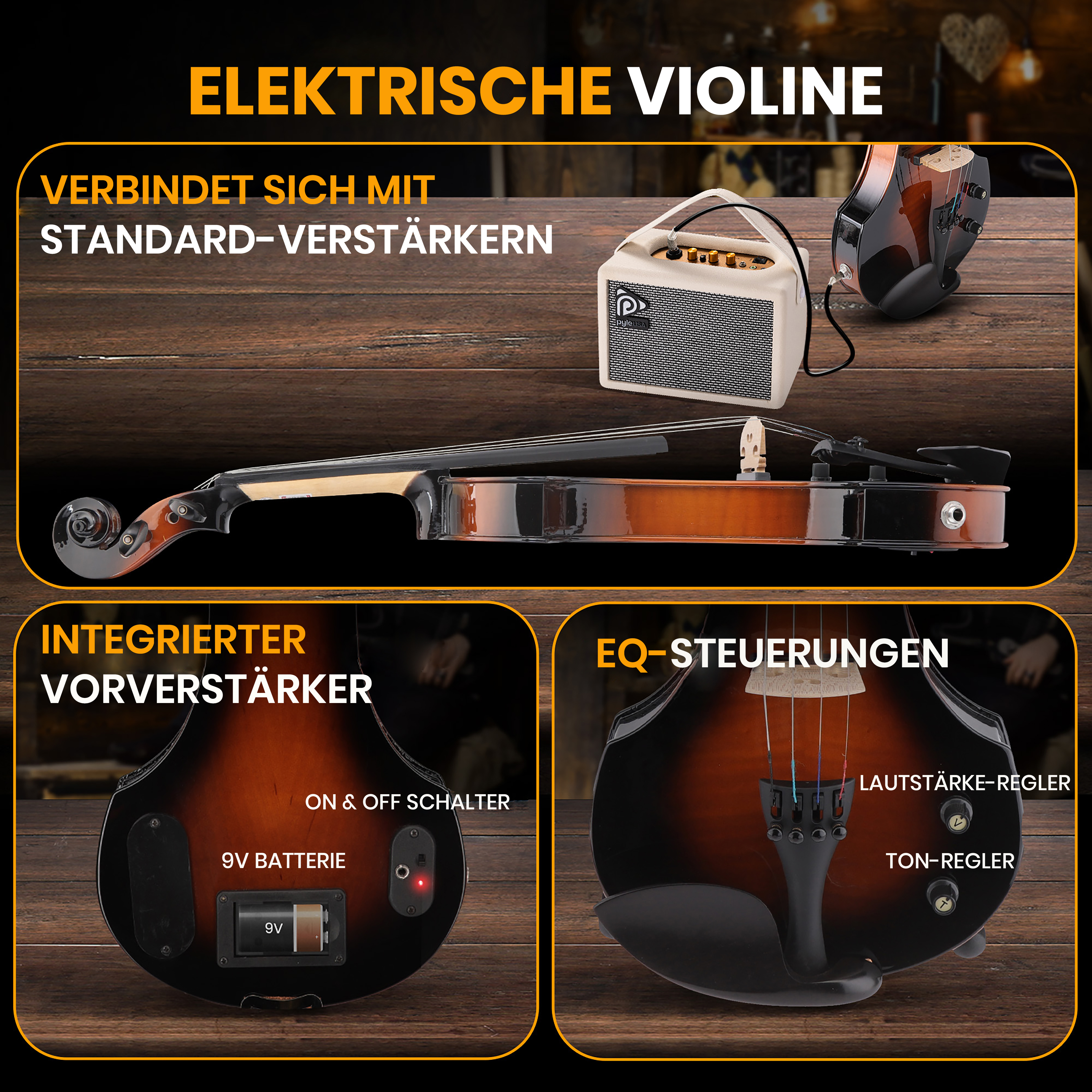 Elektrische Violine mit Verstärker, EQ-Reglern, Batterie und Schalter.