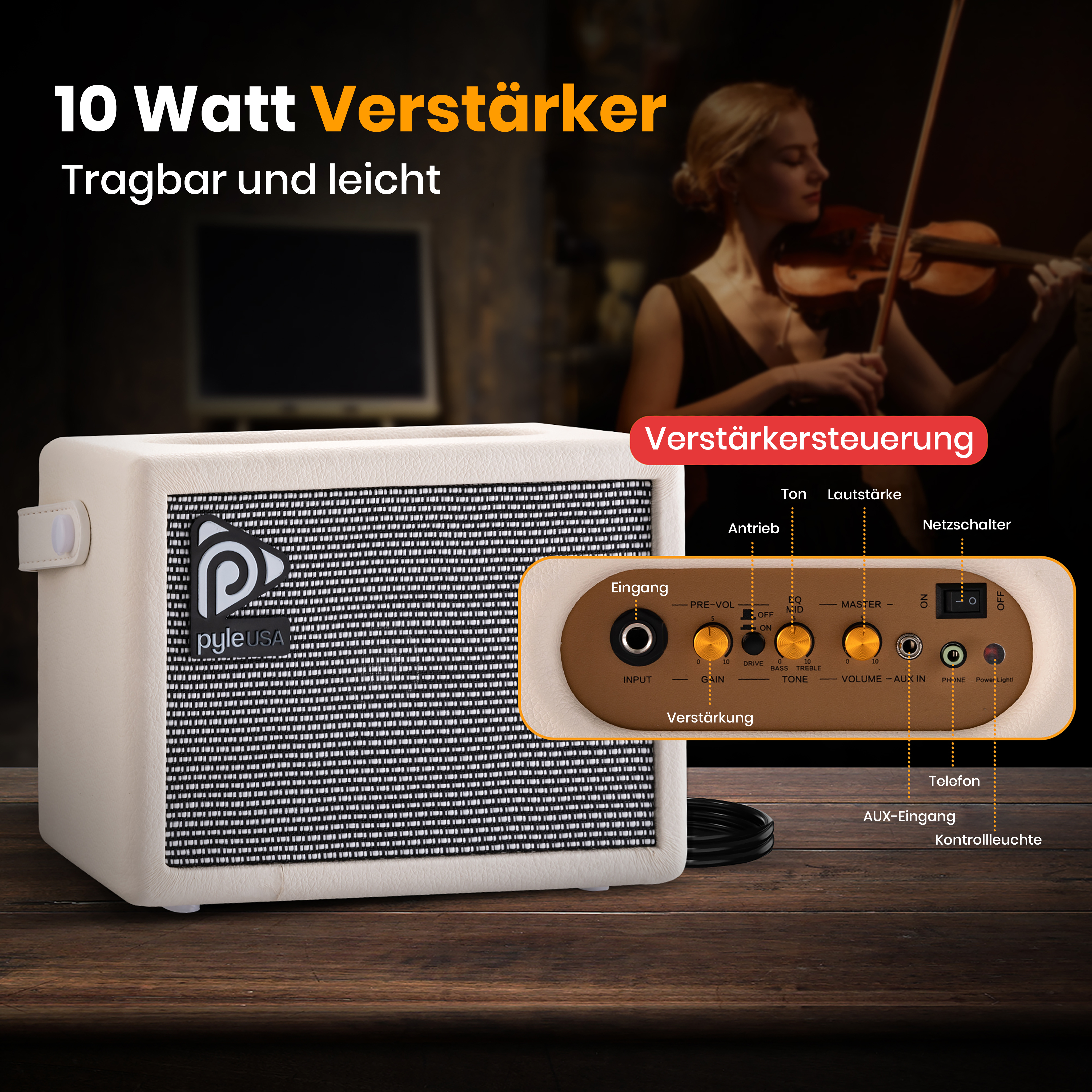 Ein weißer Gitarrenverstärker mit schwarzen Gittern und Bedienelementen. Eine Violinistin im Hintergrund.
