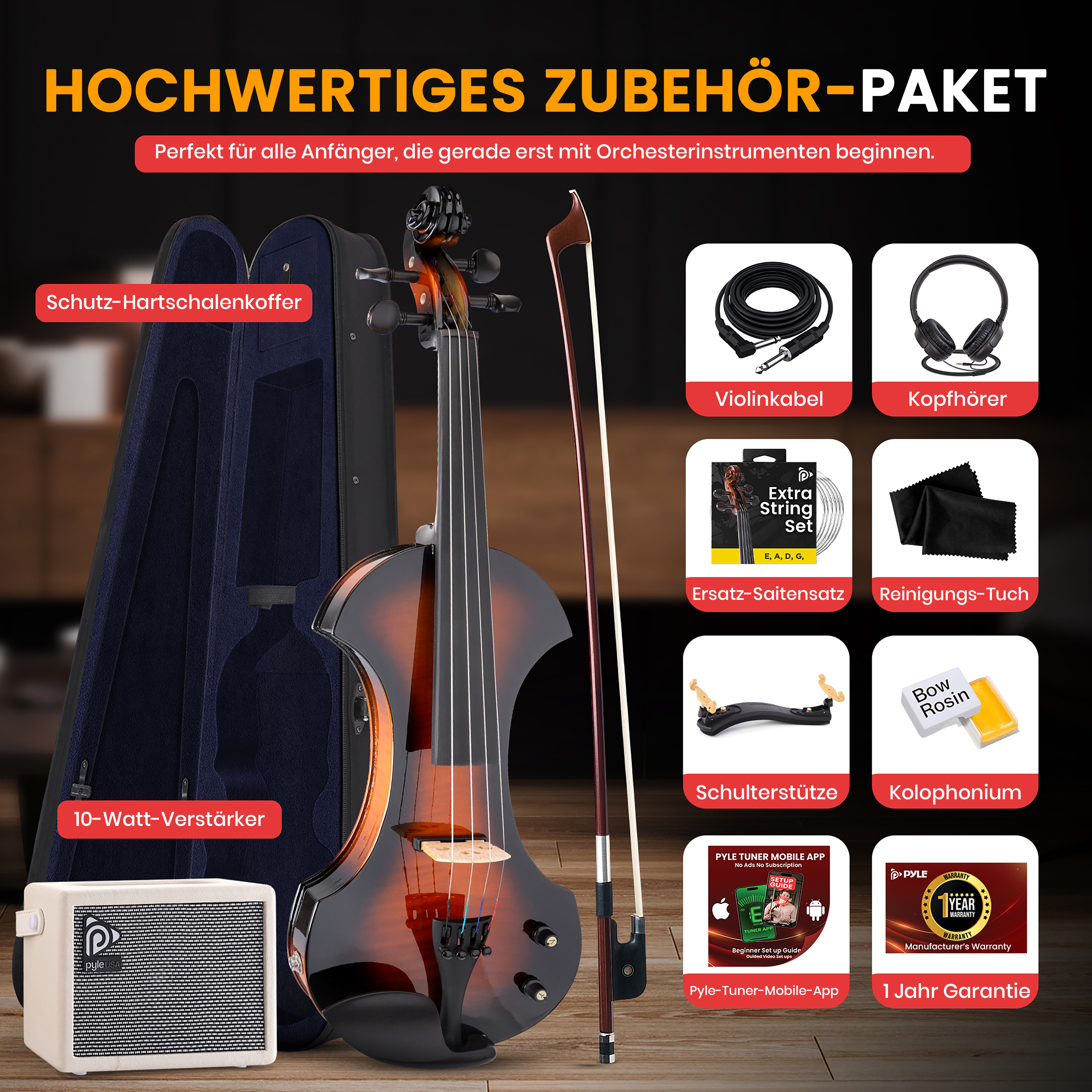 Ein Violin-Set mit Koffer, Verstärker, Kopfhörern, Kabeln, Saiten, Kolophonium, Schulterstütze und Reinigungstuch.