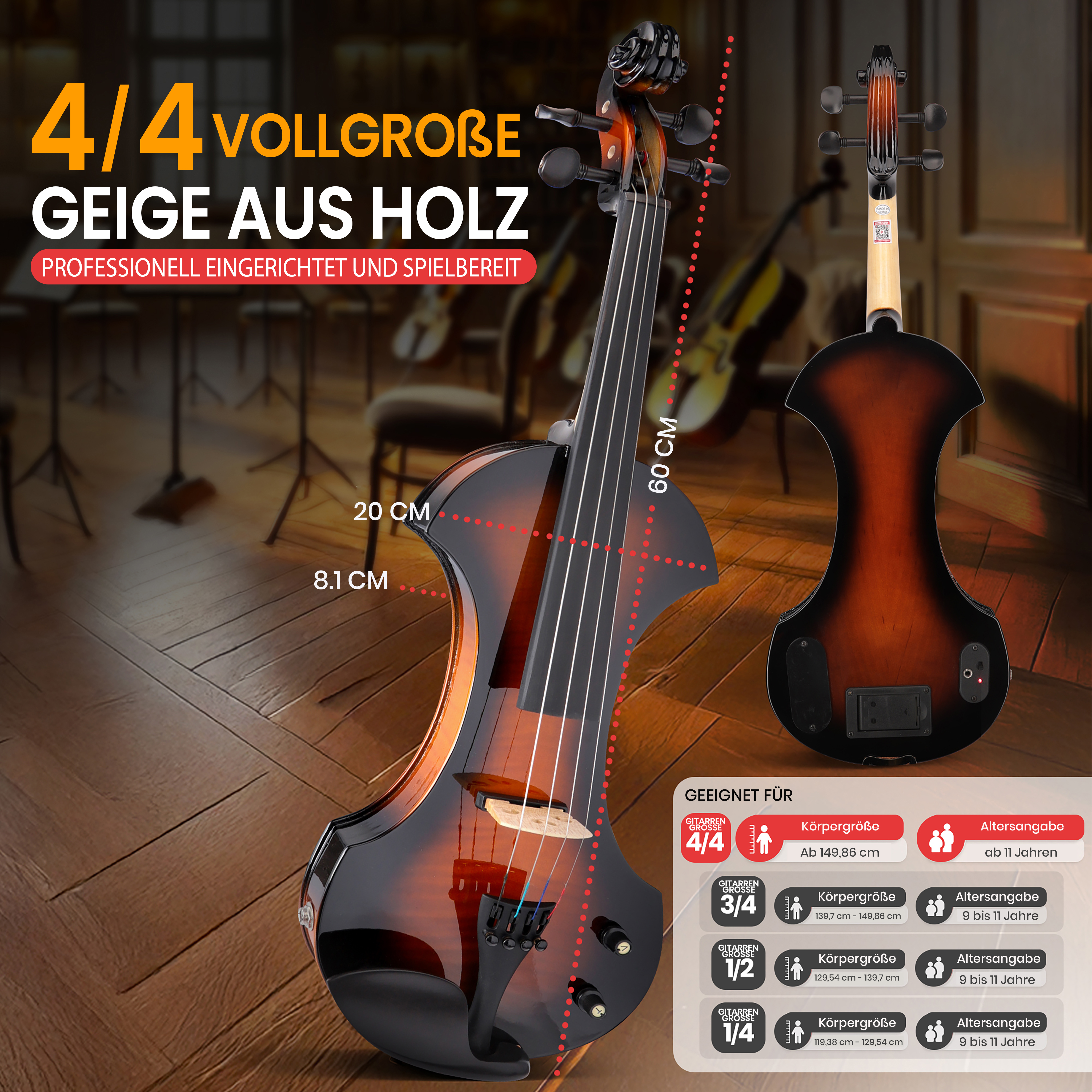 Eine 4/4 Violine aus Holz, professionell eingerichtet, mit Maßen und Größentabelle.