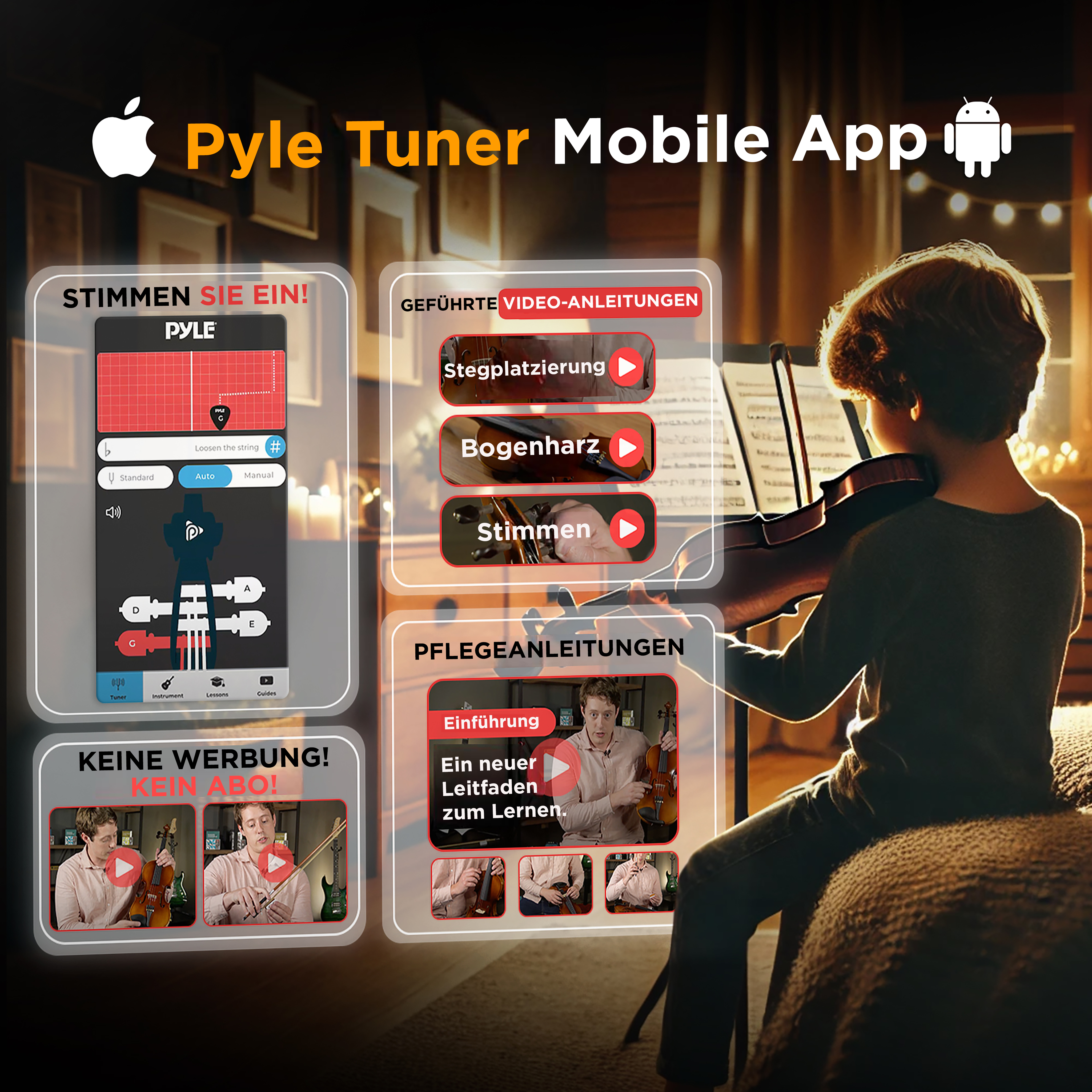 App-Anzeige mit Geige, Noten und Lernvideos. Bietet Stimmhilfe.