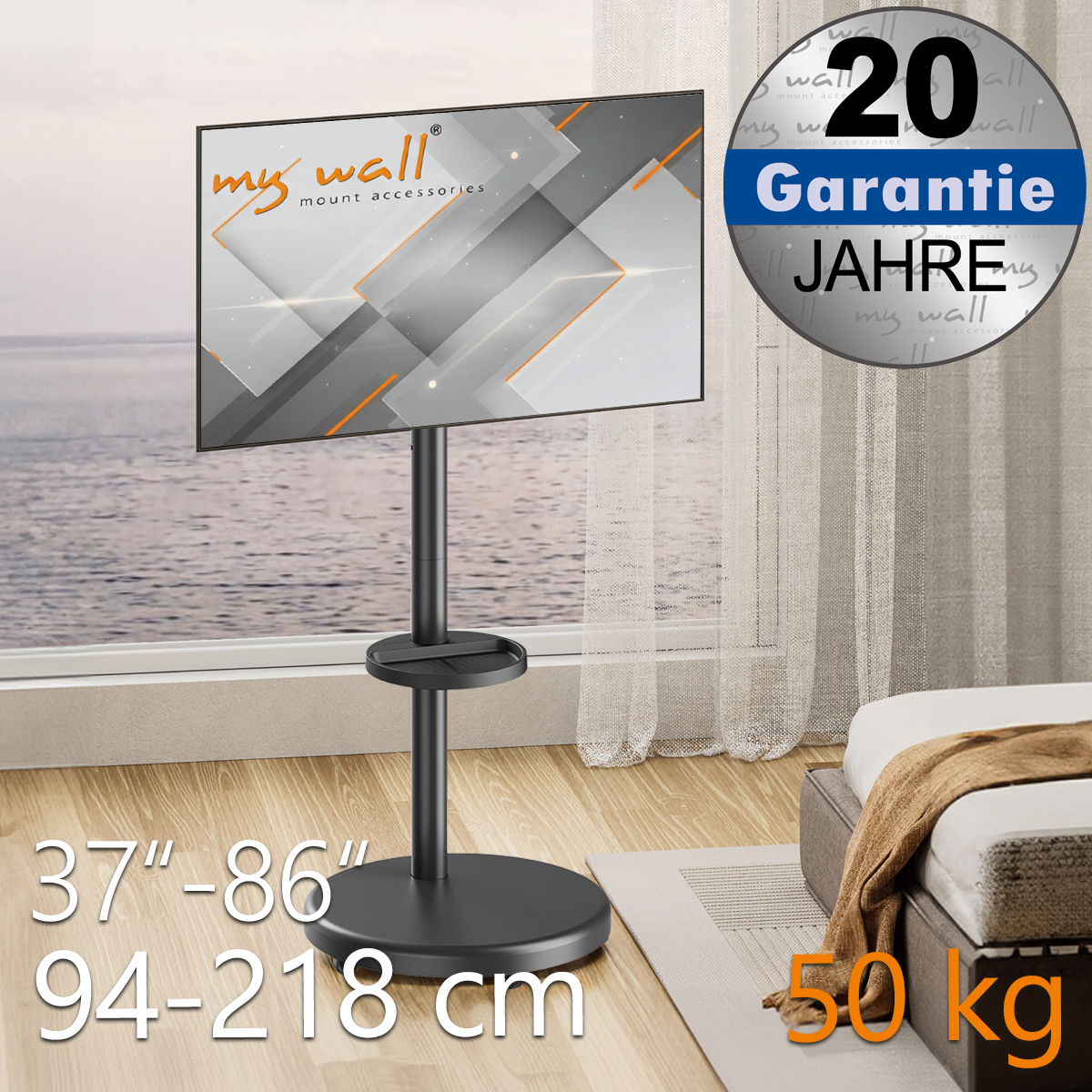 Schwarzer TV-Ständer für 37-86 Zoll TVs, 50kg Traglast, 20 Jahre Garantie.
