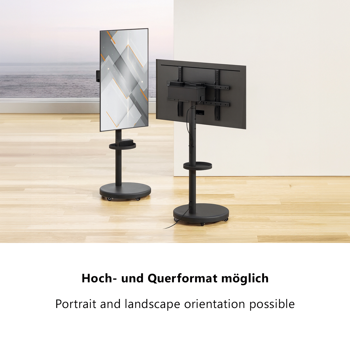 Zwei mobile TV-Ständer mit Bildschirmen, einer im Hoch-, der andere im Querformat.