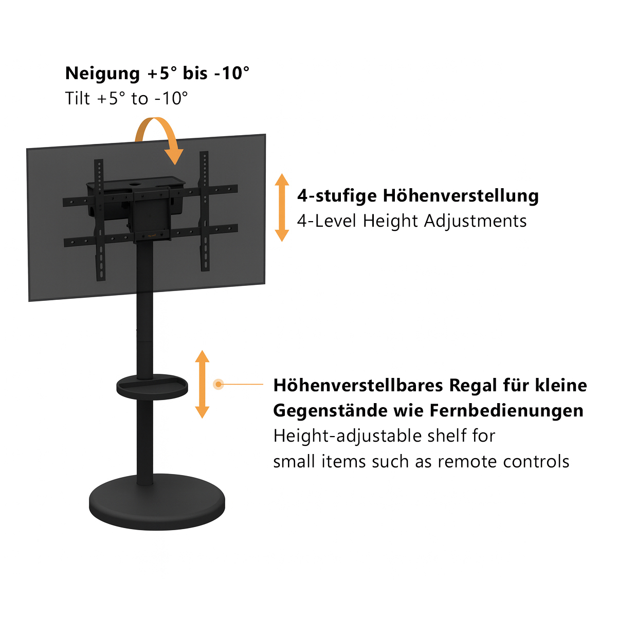 Schwarzer TV-Ständer mit neigbarem Halter, 4-stufiger Höhenverstellung und Regal.