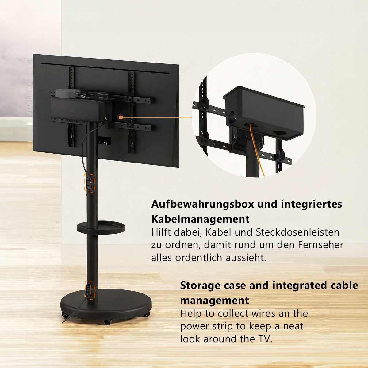 Ein schwarzer TV-Ständer mit Ablage und integrierter Kabelbox. Nahaufnahme.