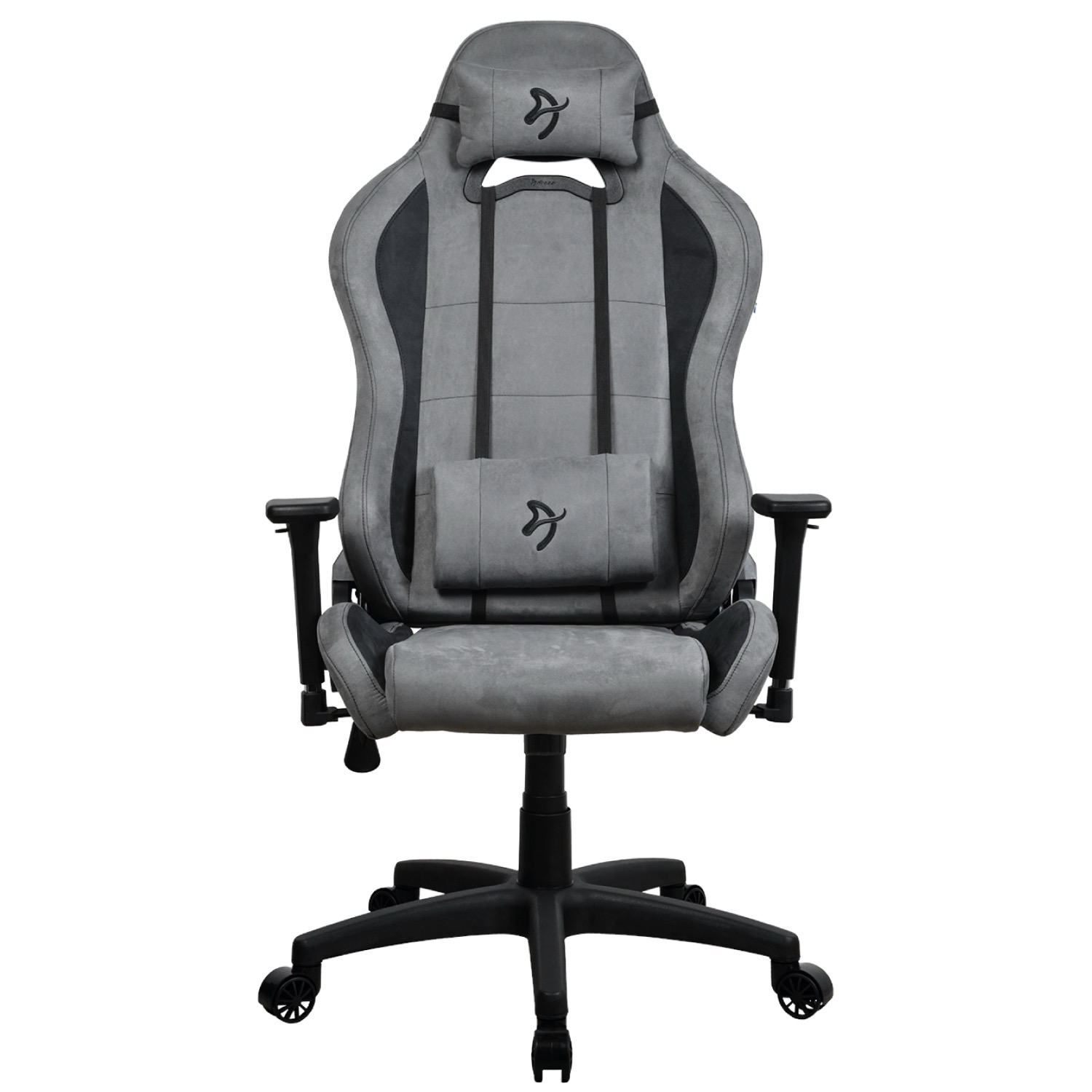Ein grauer Gaming-Stuhl mit schwarzen Akzenten und Lendenkissen, auf weißem Hintergrund.