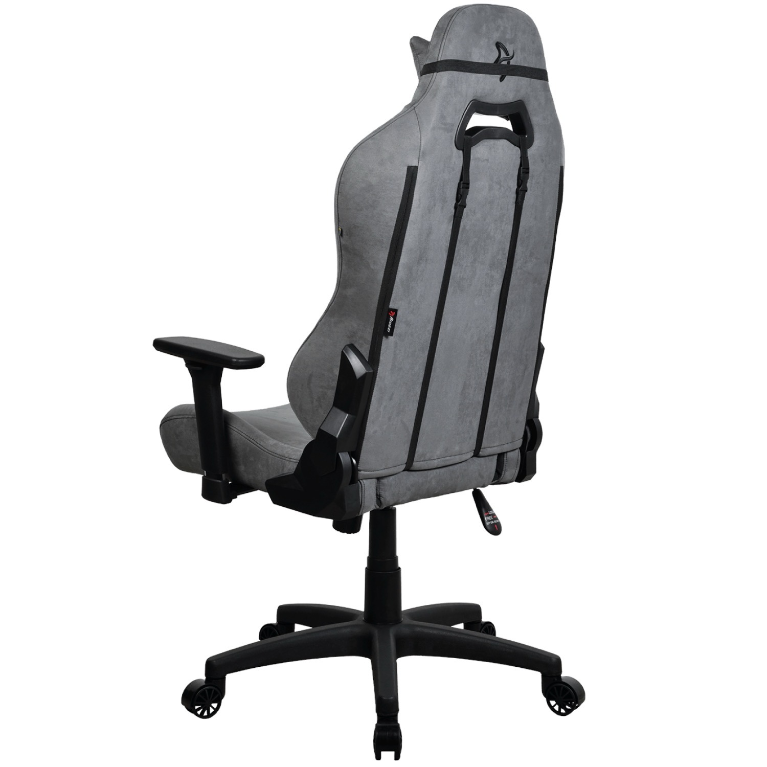 Grauer Gaming-Stuhl mit schwarzen Akzenten, verstellbaren Armlehnen und Rädern.