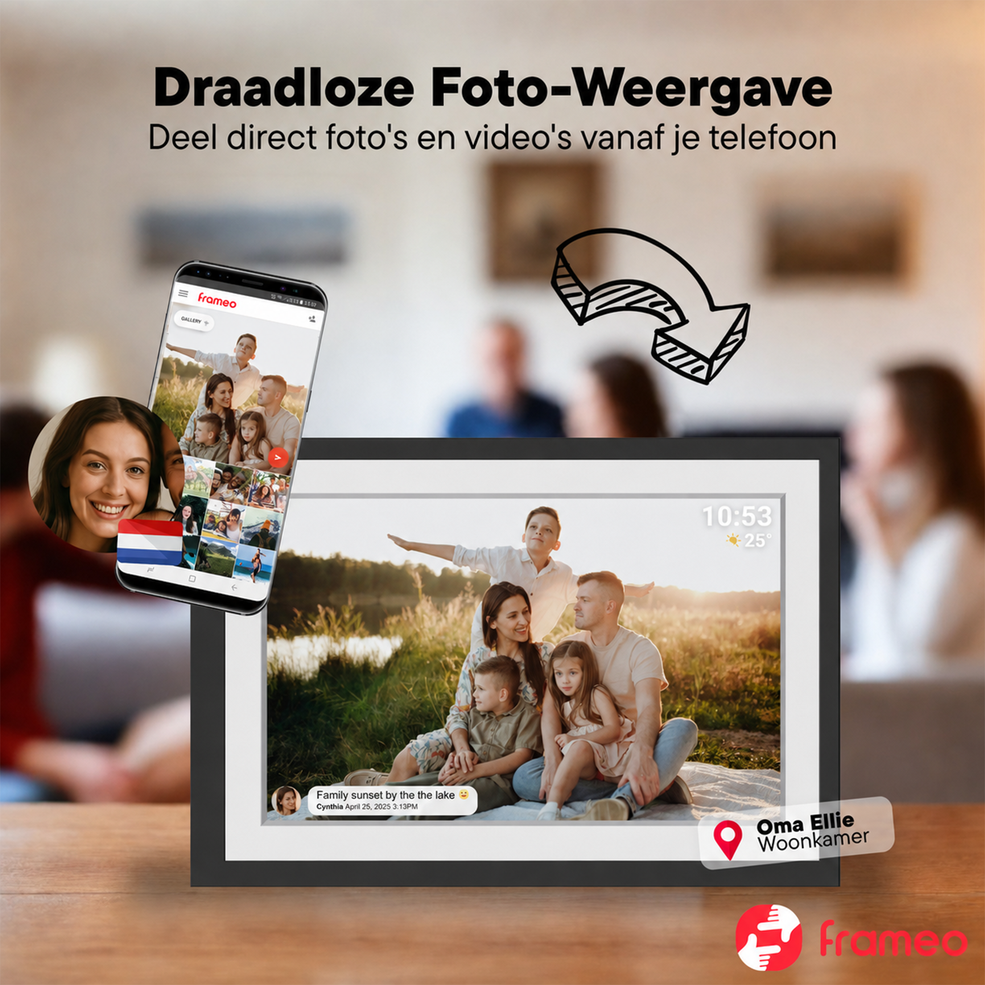 A smartphone displays a family at sunset, next to a digital picture frame.