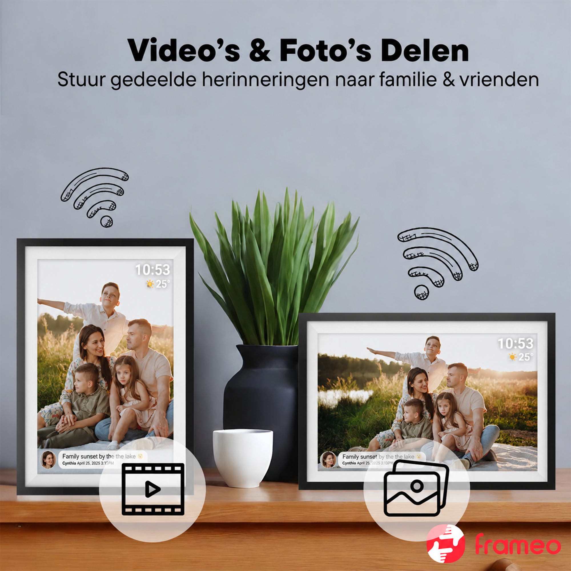 Two digital picture frames display family photos. "Video & Photo Sharing".