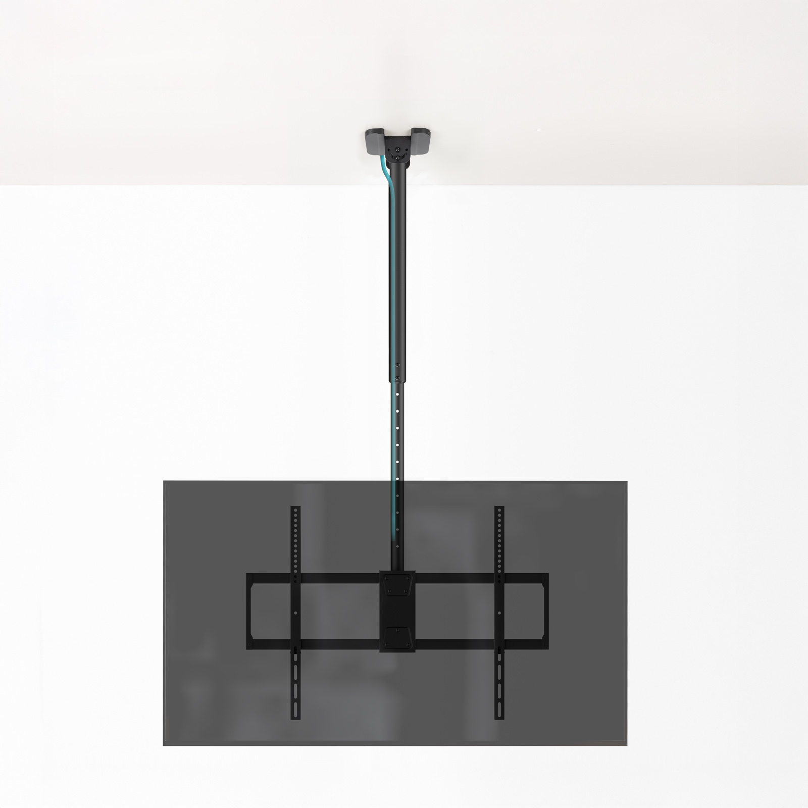 Soporte de techo negro para TV con brazo vertical y sistema de montaje negro.