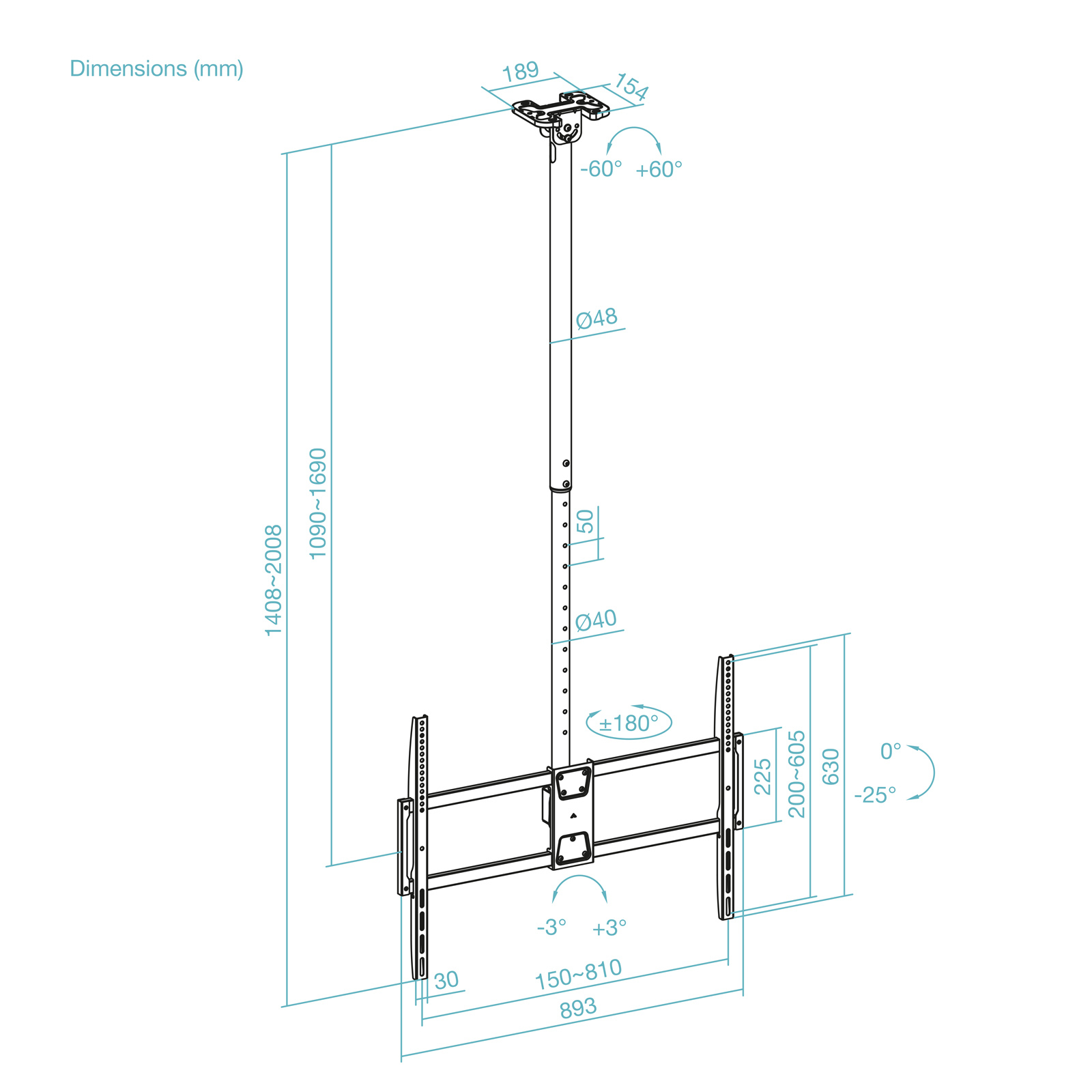 Dibujo técnico de un soporte de techo con dimensiones y ángulos.