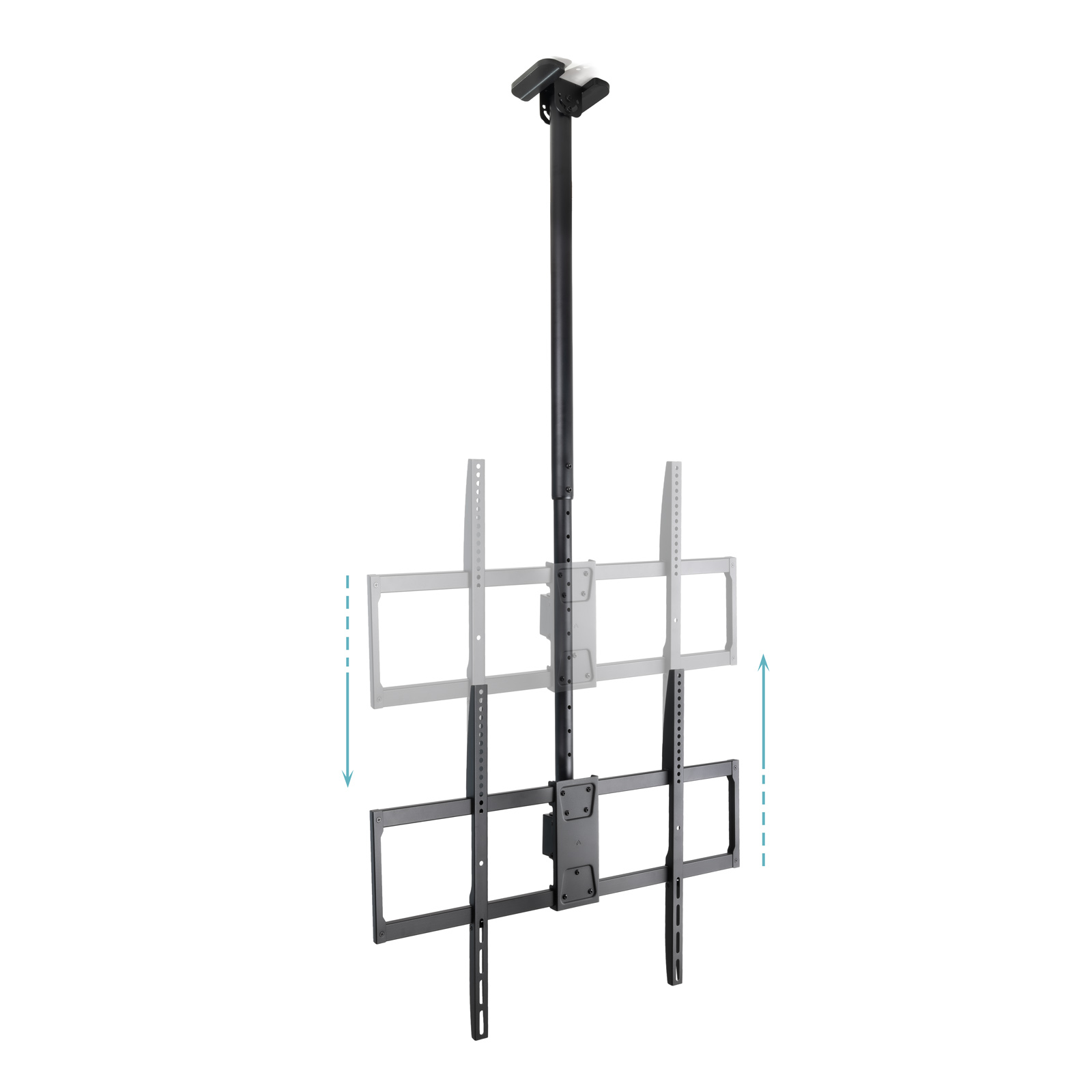 Soporte de techo negro para TV con altura ajustable, contornos blancos.