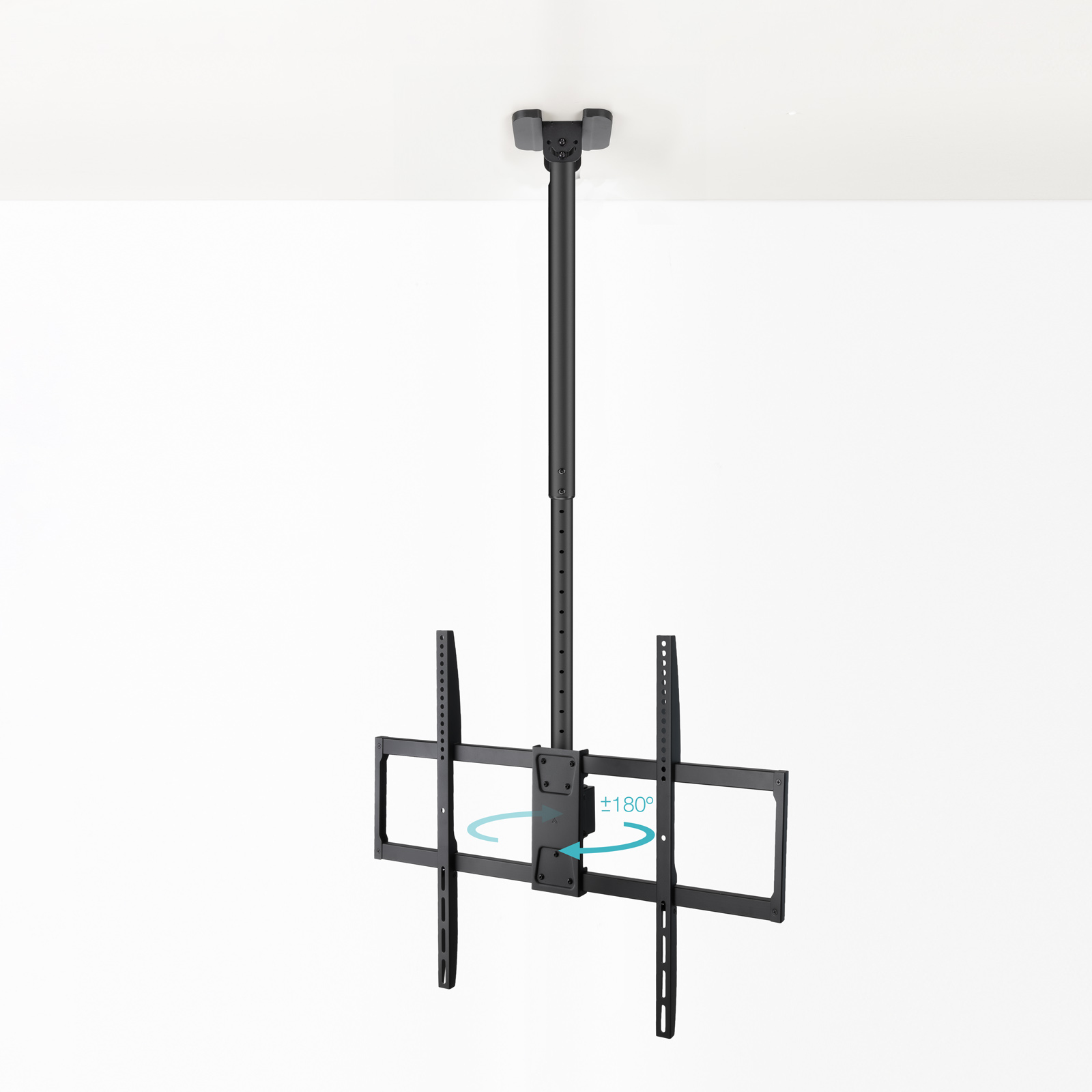 Soporte de techo negro para TV con brazo ajustable y función giratoria.