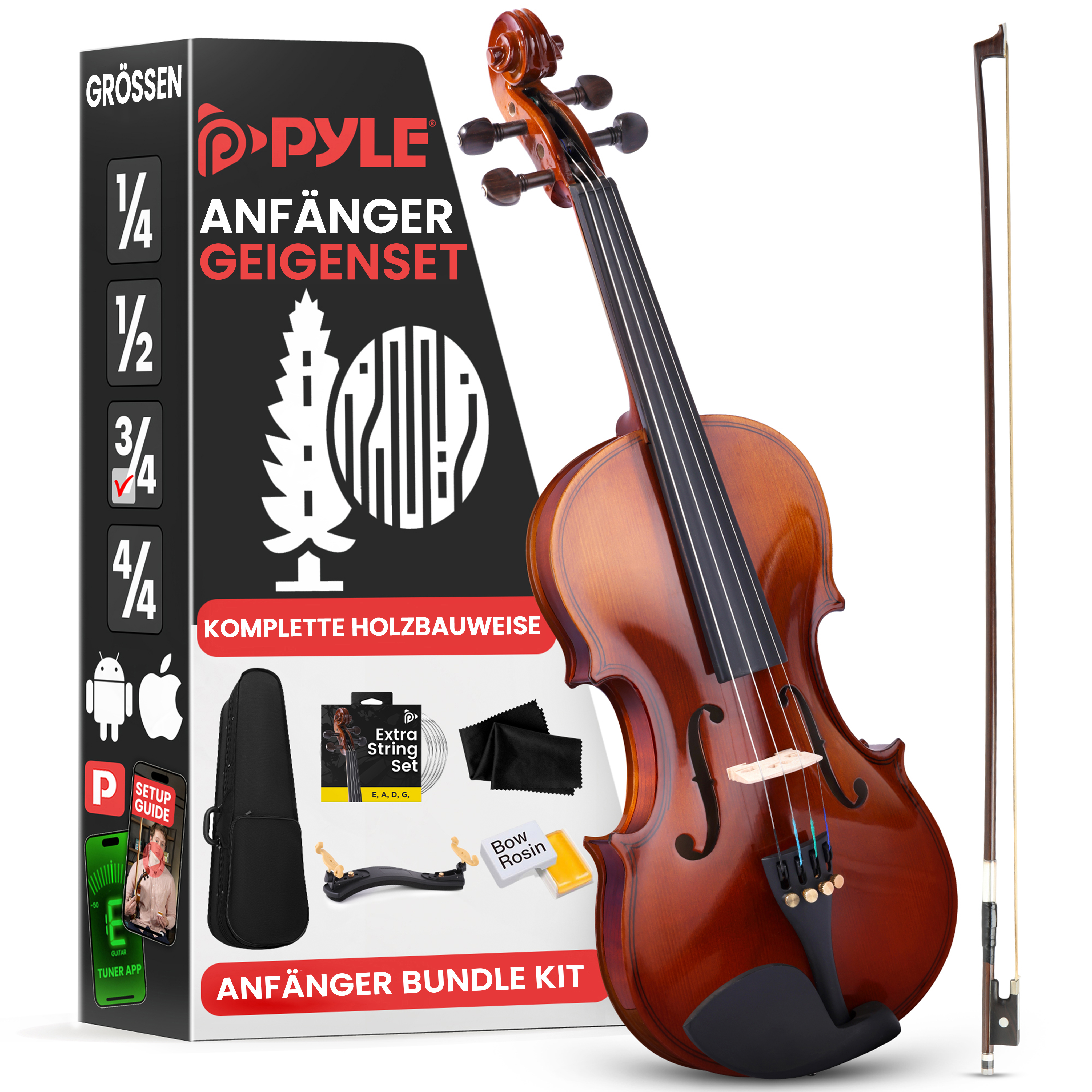 Ein braunes Violinen-Set mit Zubehör und einer schwarzen Tasche.