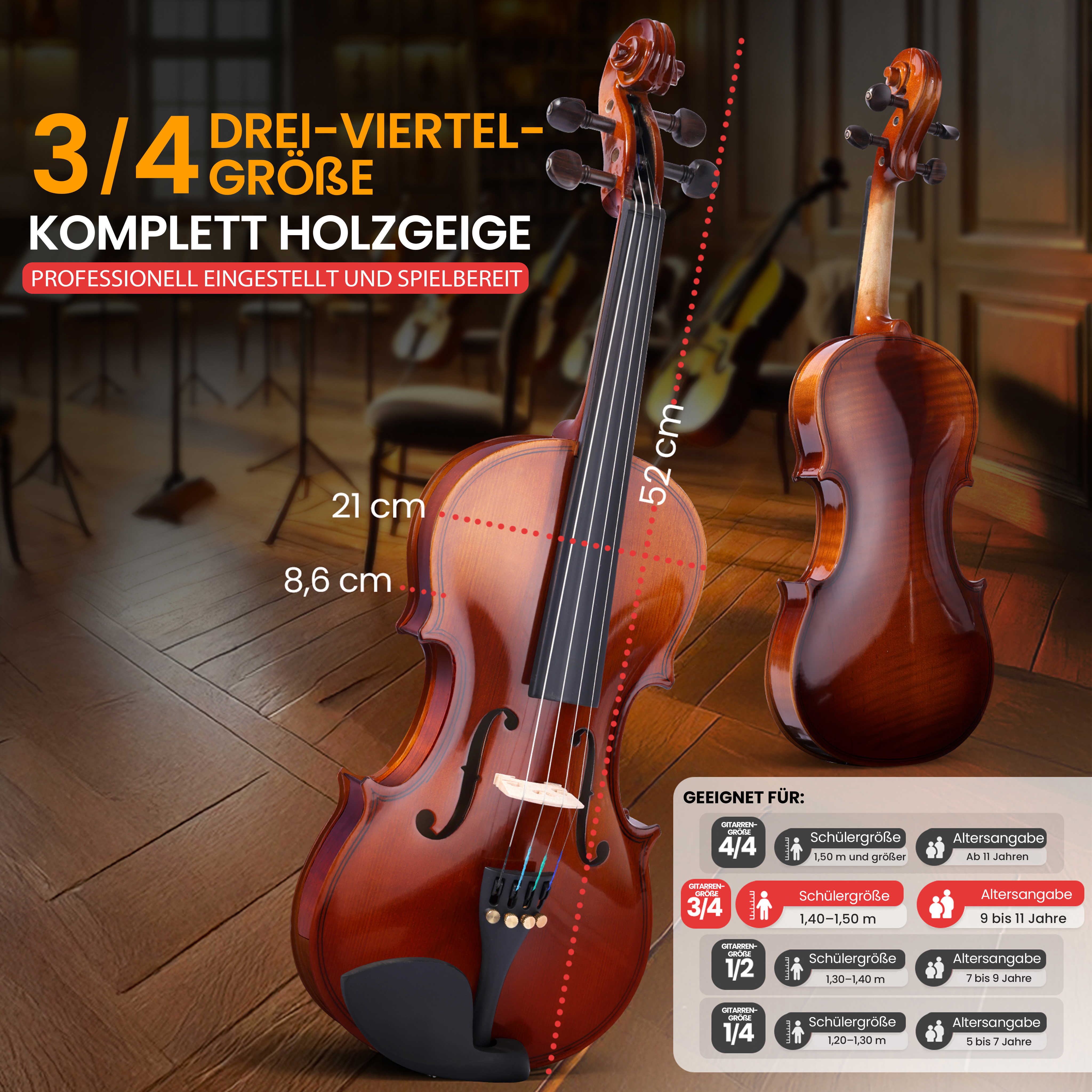 Eine hölzerne 3/4 Violine mit Maßangaben und Größentabelle auf einem Holzboden.