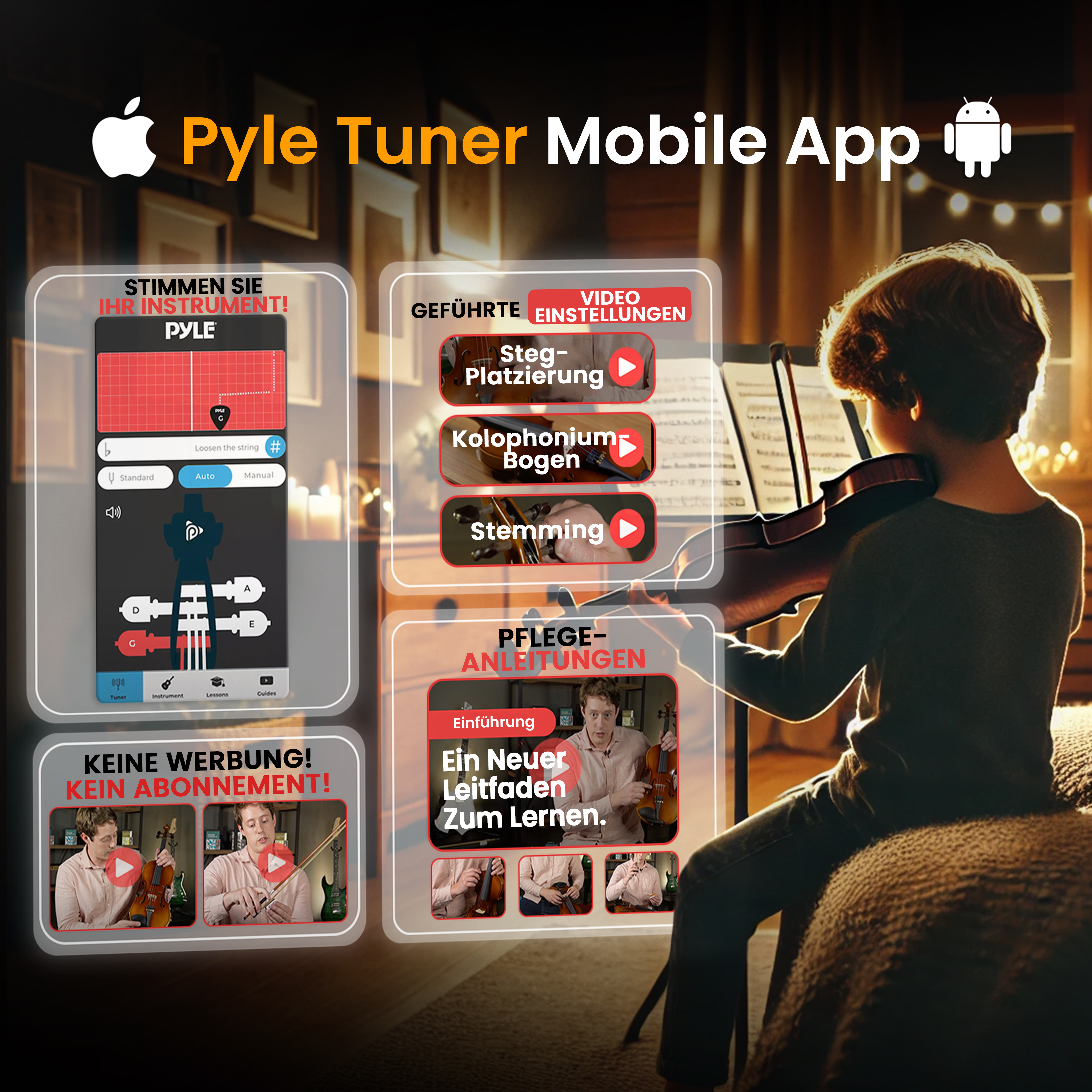 Pyle Tuner App mit Violinspieler. Instrumenten-Tuning und Pflegeanleitungen.