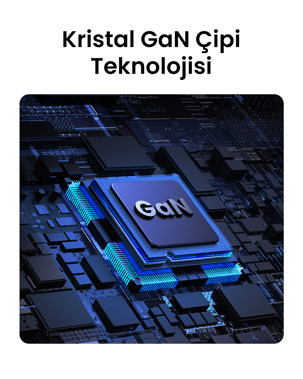 Una vista ravvicinata della tecnologia del chip GaN, con luci blu.