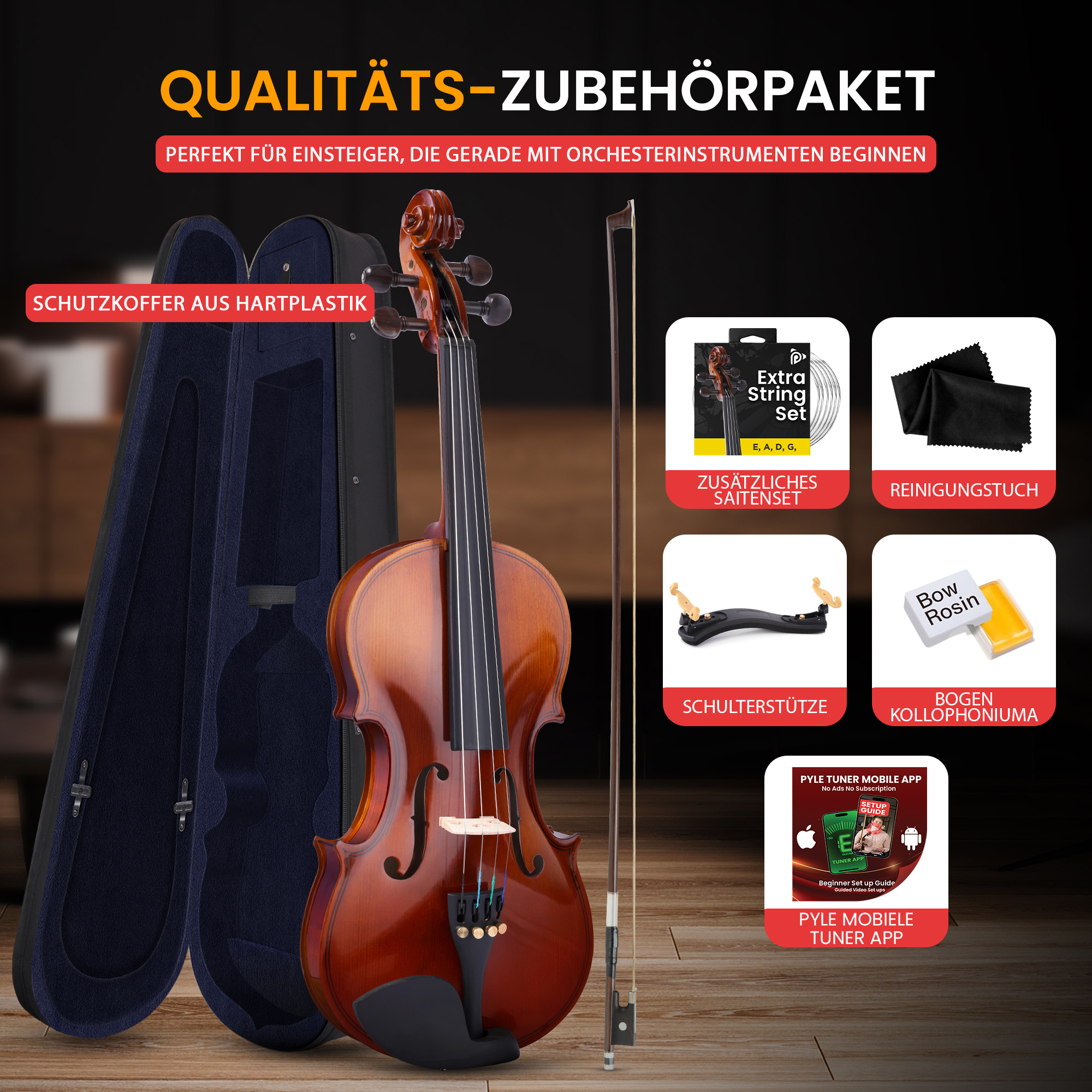 Violine mit Koffer, Zubehör wie Saiten, Schulterstütze, Kolophonium, Tuch & App.