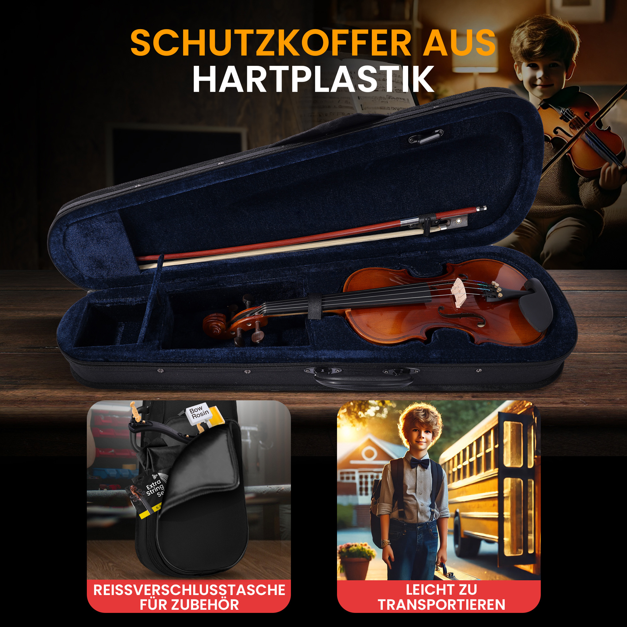 Ein Junge spielt Geige, ein Geigenkasten mit Geige und Zubehör, und ein Junge am Schulbus.