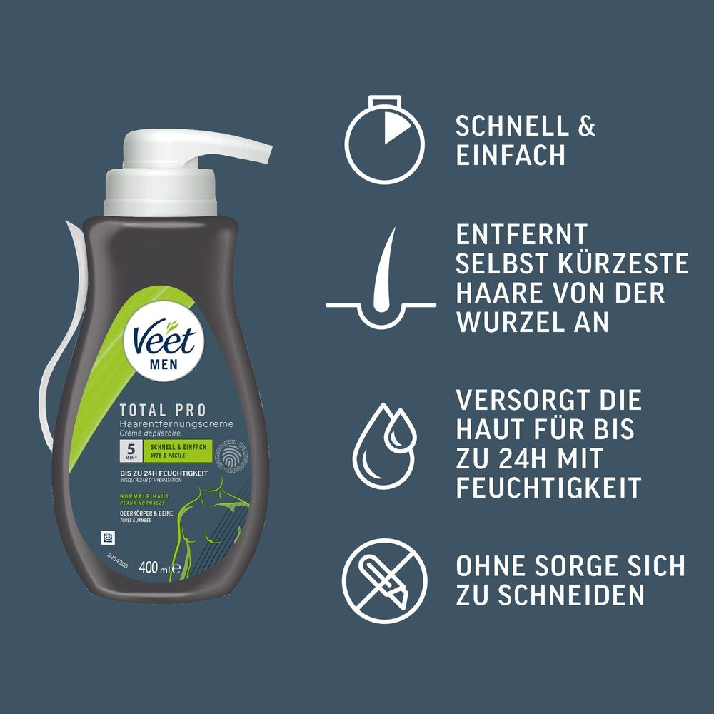 Crema depilatoria Veet Men Total Pro, 400ml, rimuove i peli velocemente.