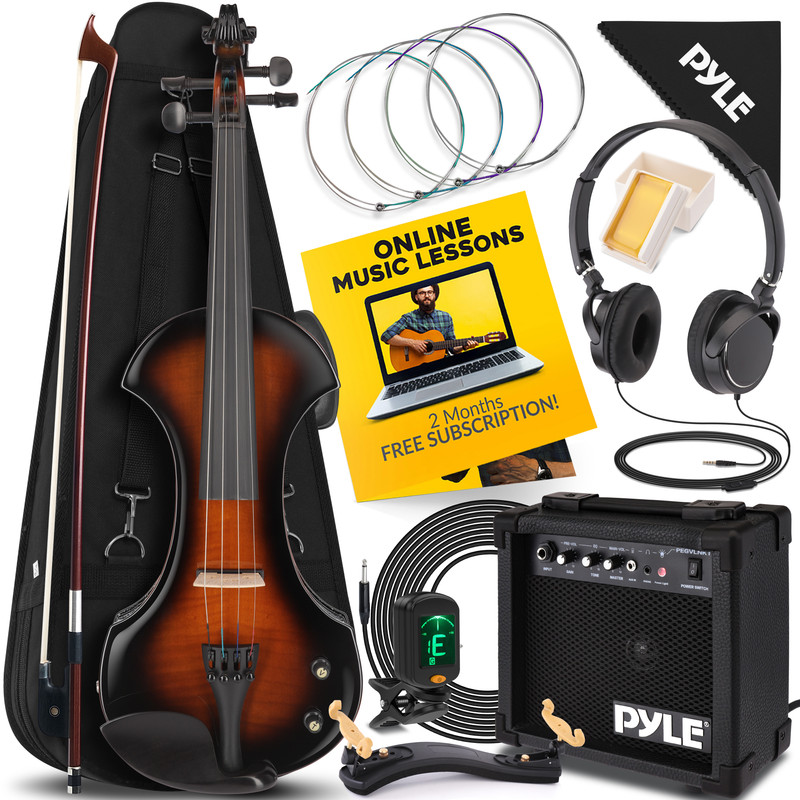 Ein Violinenset mit Geige, Bogen, Koffer, Kopfhörern, Verstärker und Unterrichts-DVD.