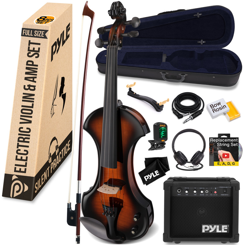 Ein elektrisches Violin-Set mit Koffer, Bogen, Verstärker, Kopfhörern und Zubehör.