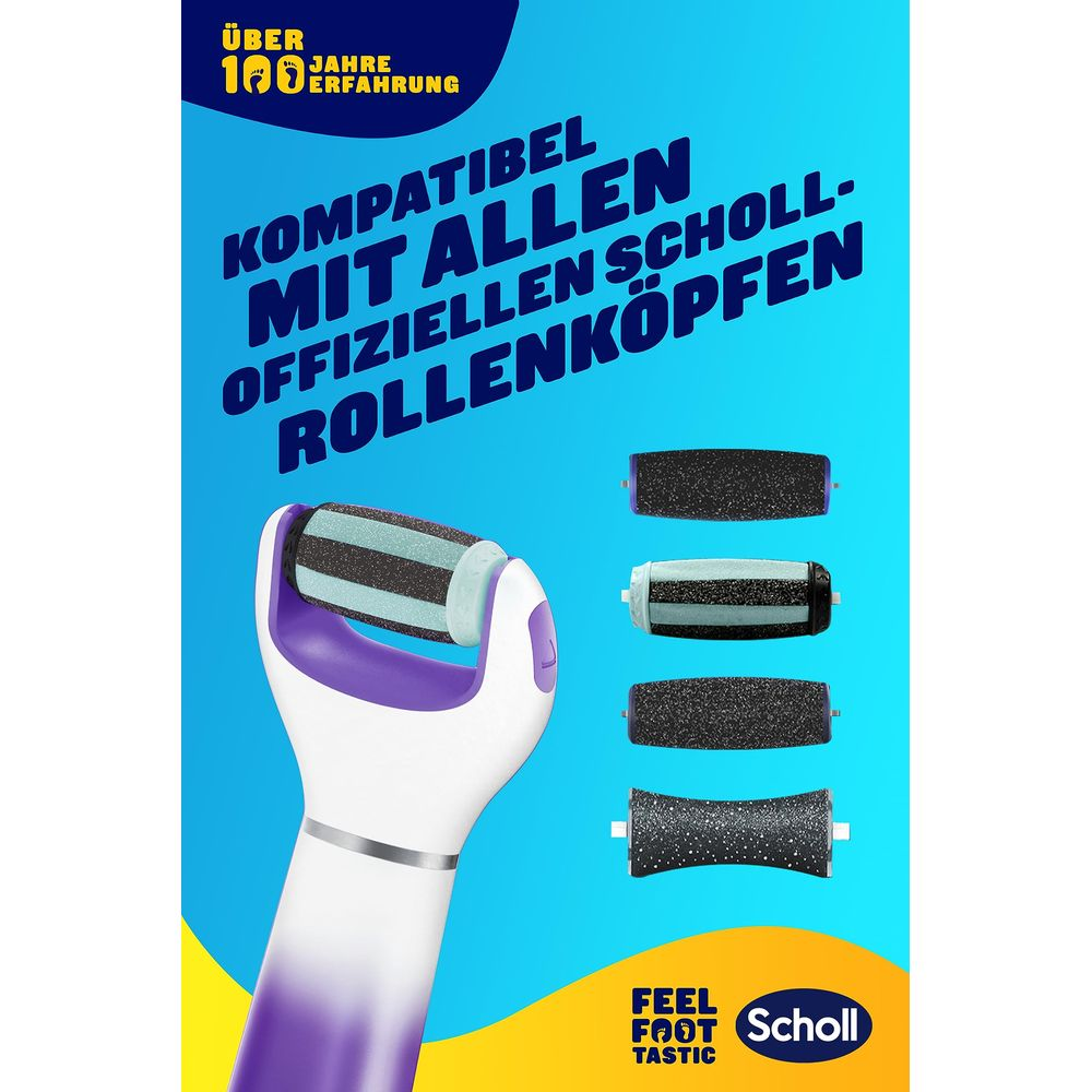 Rimuovi calli elettrico Scholl con quattro rulli, viola e bianco.