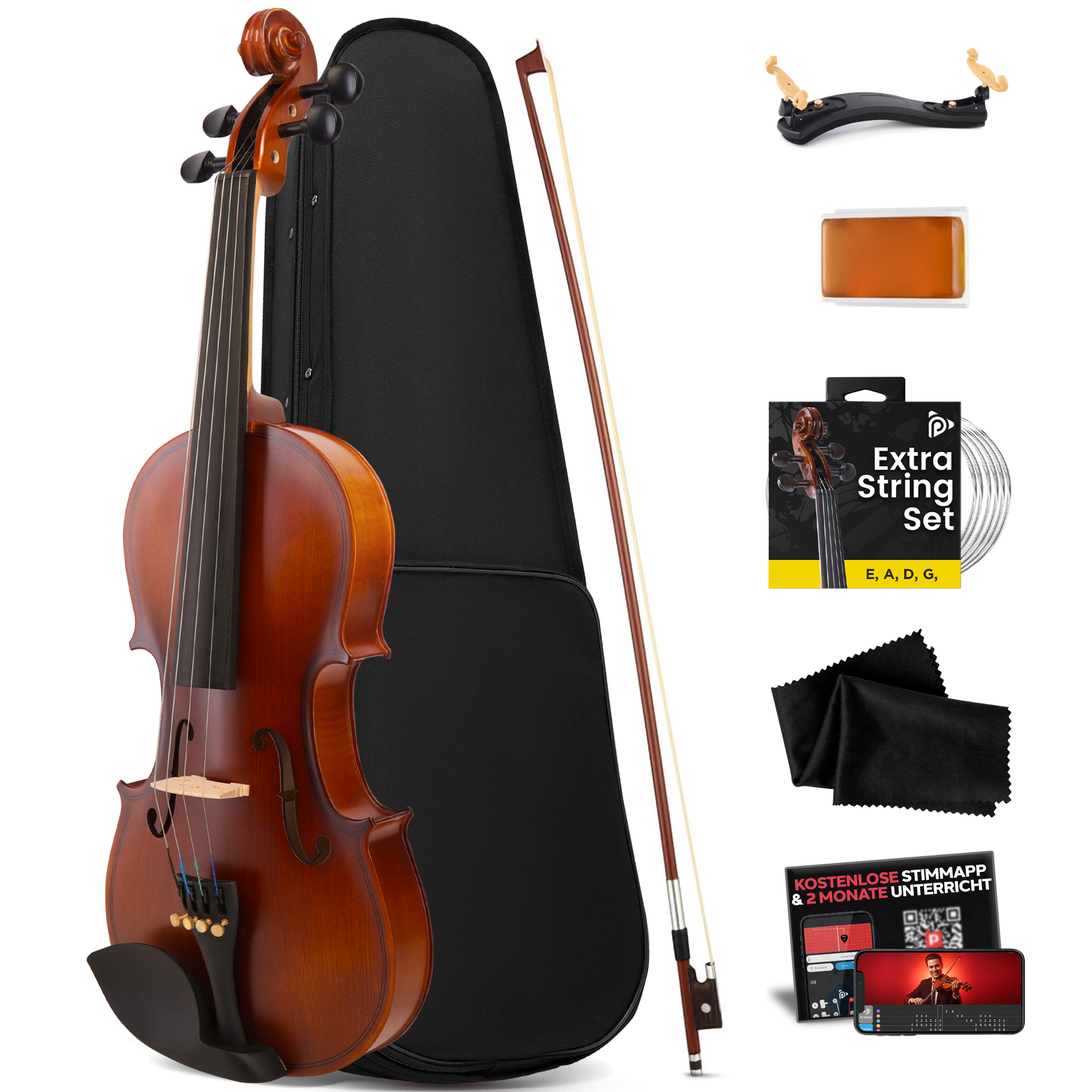 Violine, Koffer, Bogen, Schulterstütze, Kolophonium, Saiten, Tuch, App-Info.