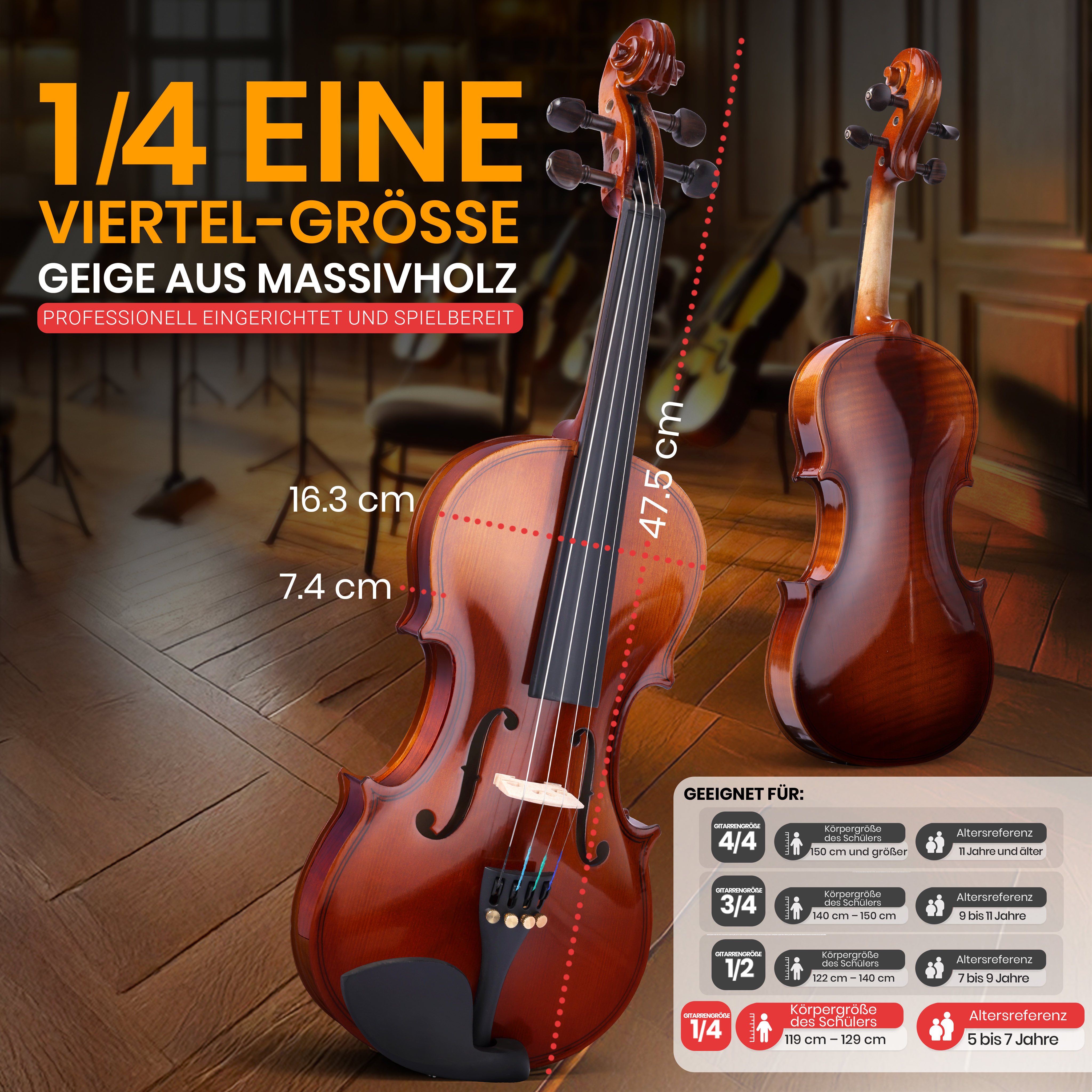 Zwei Violinen in 1/4 Größe, eine vorne, eine hinten, mit Maßen auf Holzboden.