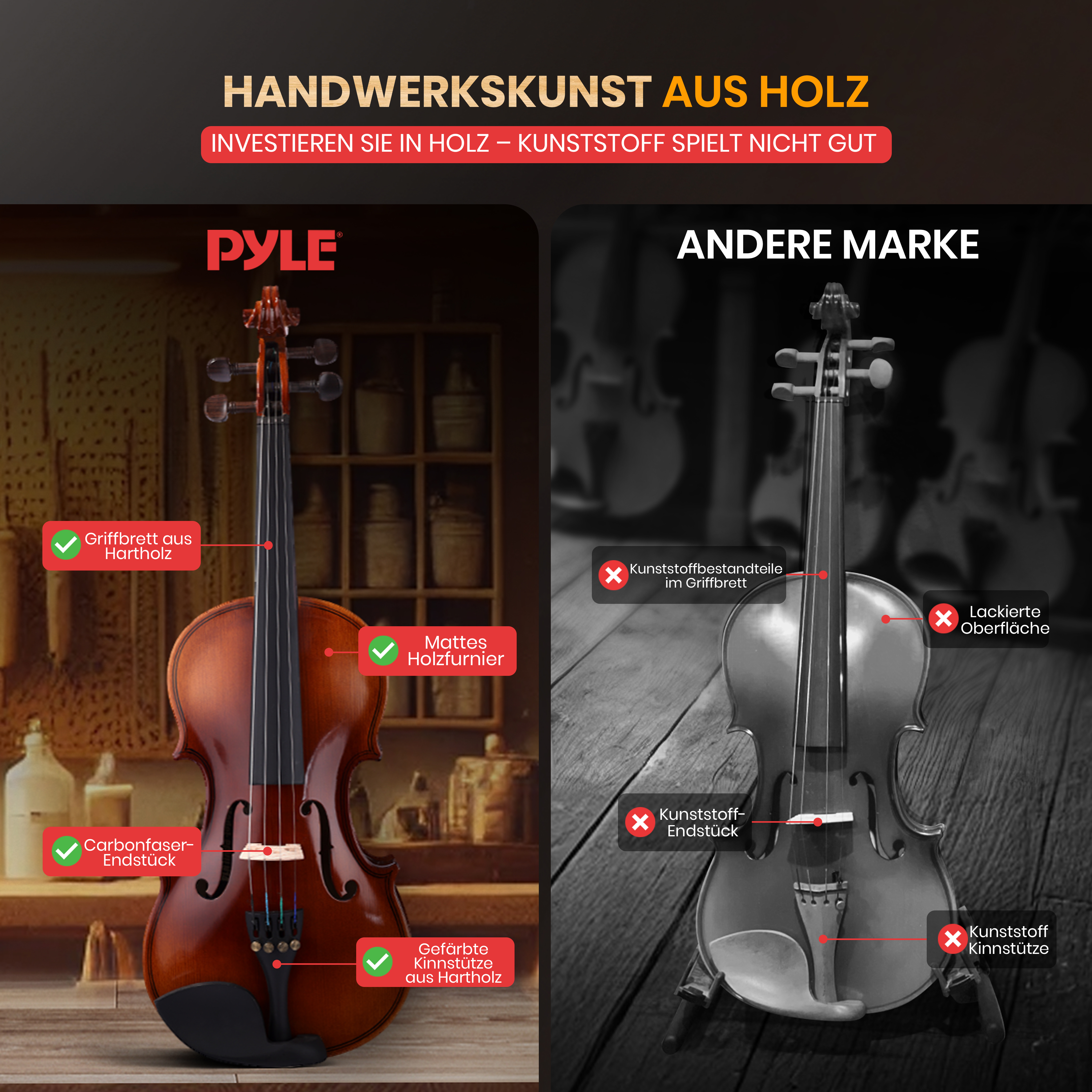 Zwei Violinen im Vergleich: Eine aus Holz, eine aus Kunststoff. Holz ist überlegen.