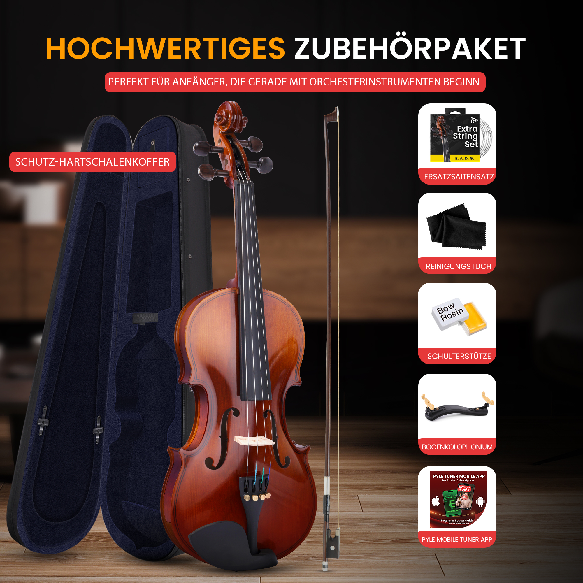 Ein Geigenkasten, eine Geige und ein Bogen liegen auf einem Holzboden.
