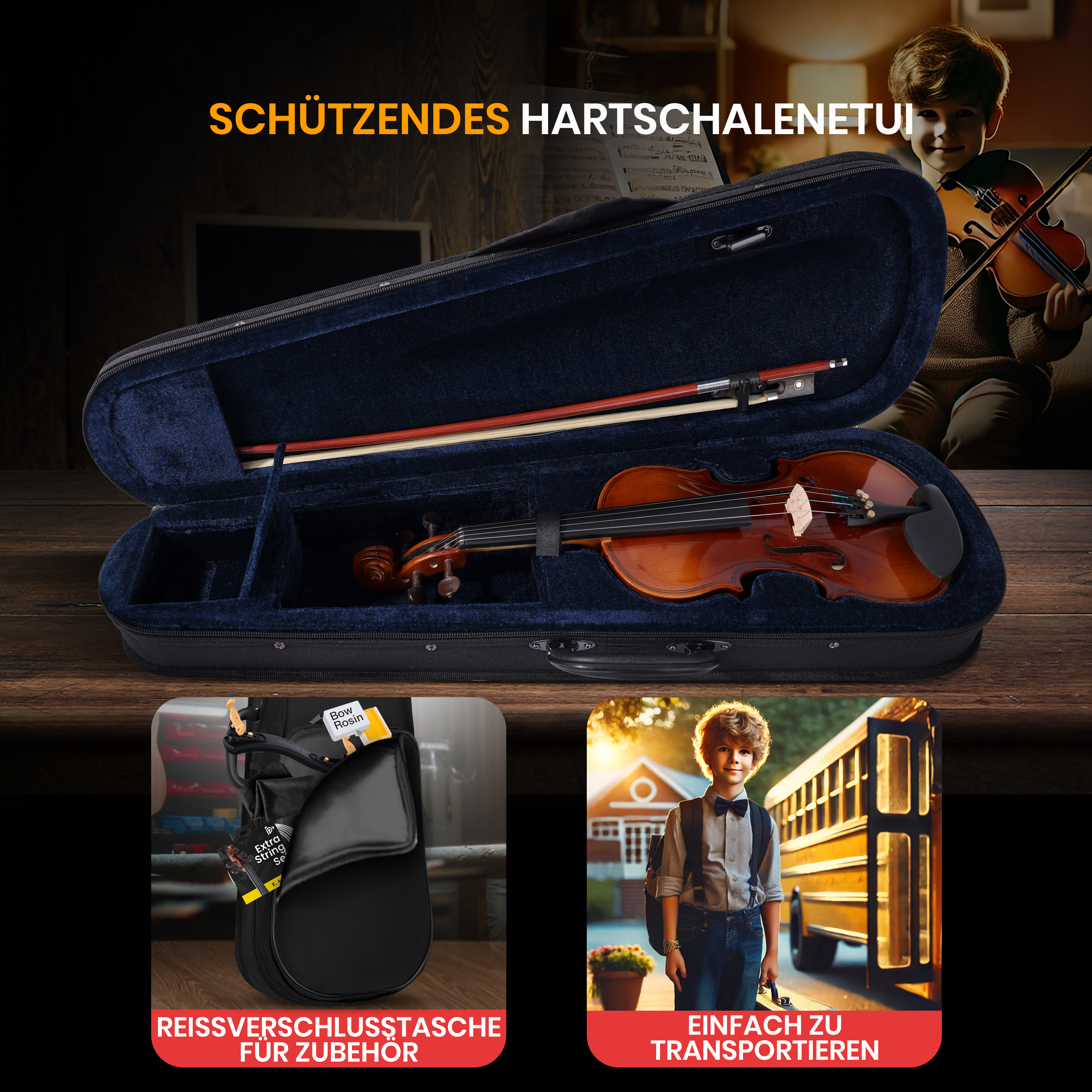 Ein Junge spielt Violine neben einem offenen Koffer mit einer Violine.