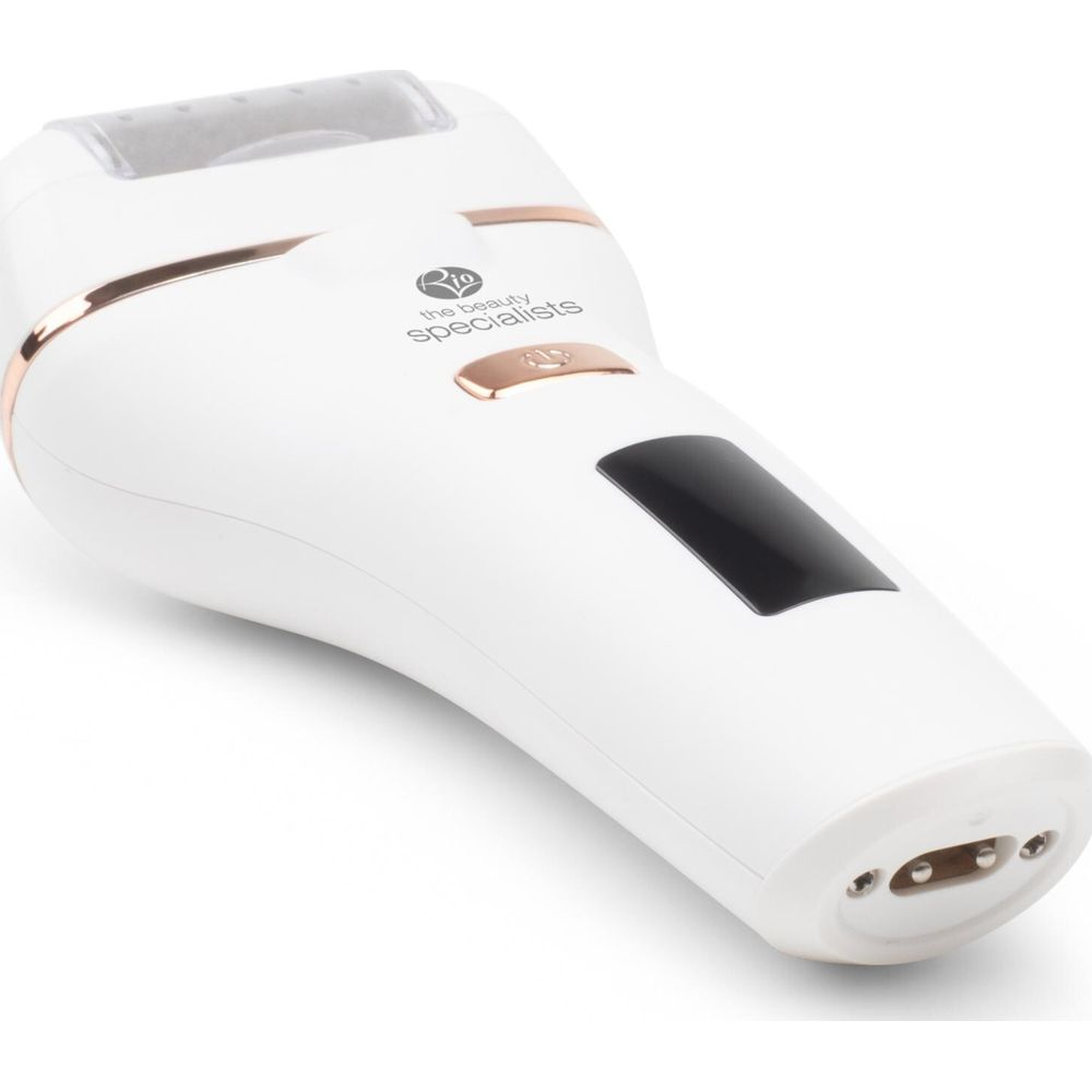 Un epilatore elettrico bianco con accenti oro rosa e schermo nero.