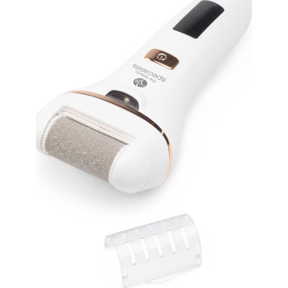 Un esfoliatore elettrico bianco per calli con accenti oro rosa e testina a rullo.