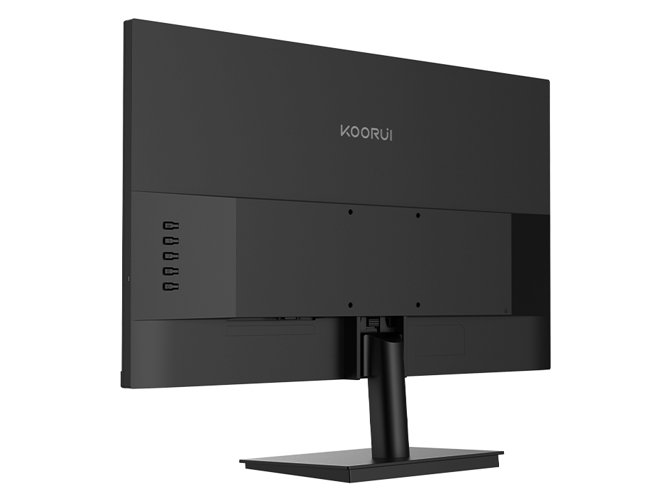 Vista posteriore di un monitor nero con logo KOORUI e porte.
