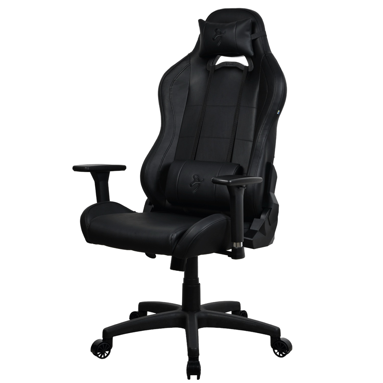 Ein schwarzer Gaming-Stuhl mit Kopfstütze und Lendenkissen.