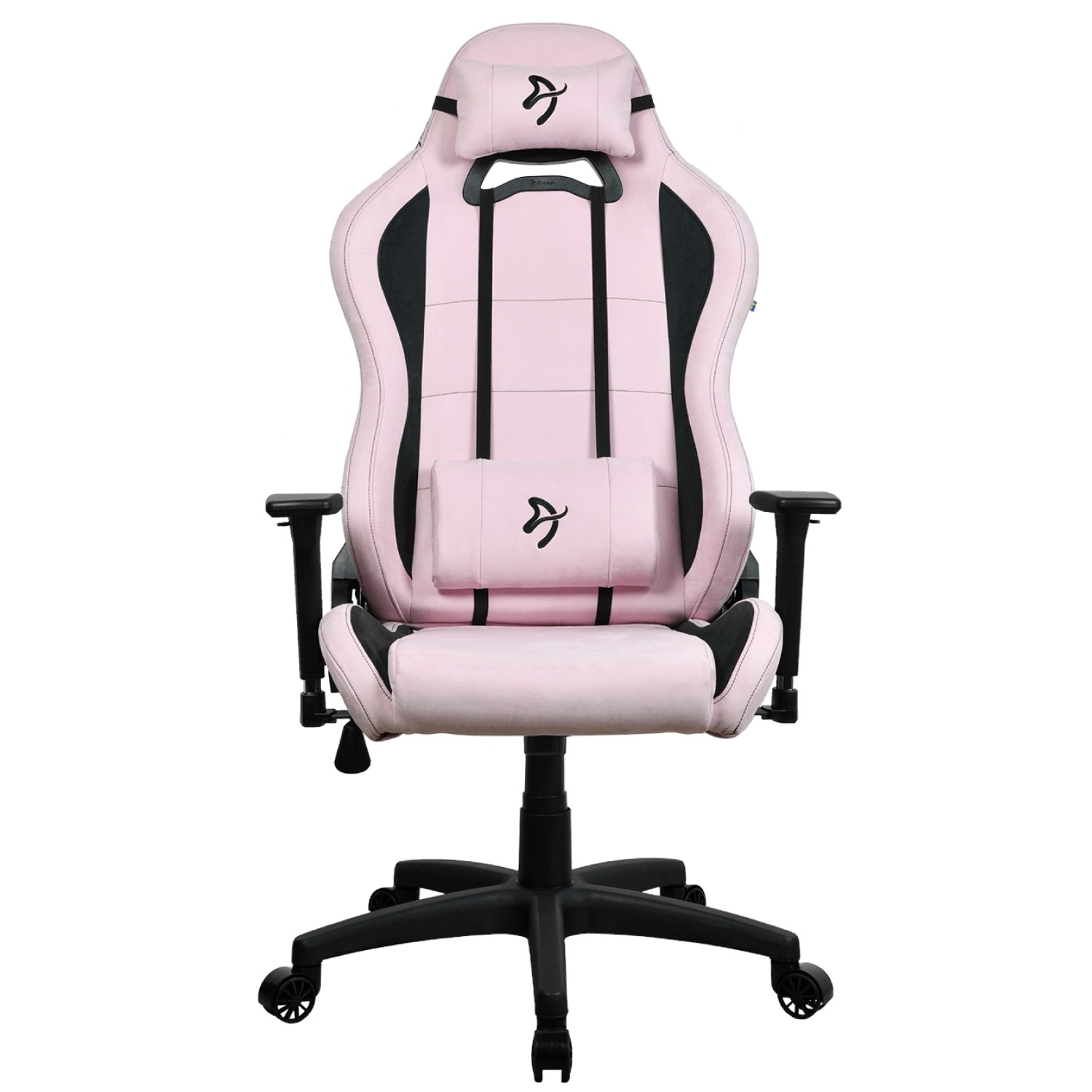 Ein rosa Gaming-Stuhl mit schwarzen Akzenten und einem Logo auf Kopf- und Lendenkissen.