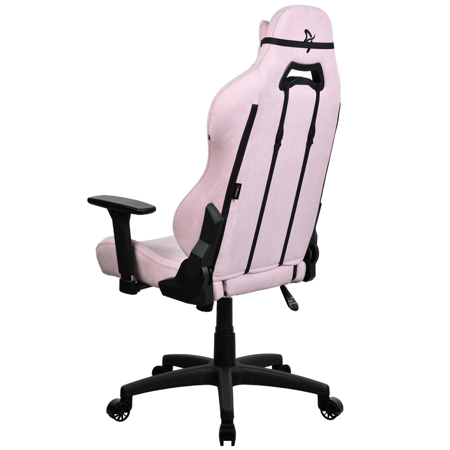 Ein rosafarbener Gaming-Stuhl mit schwarzen Akzenten, von der Seite gesehen.