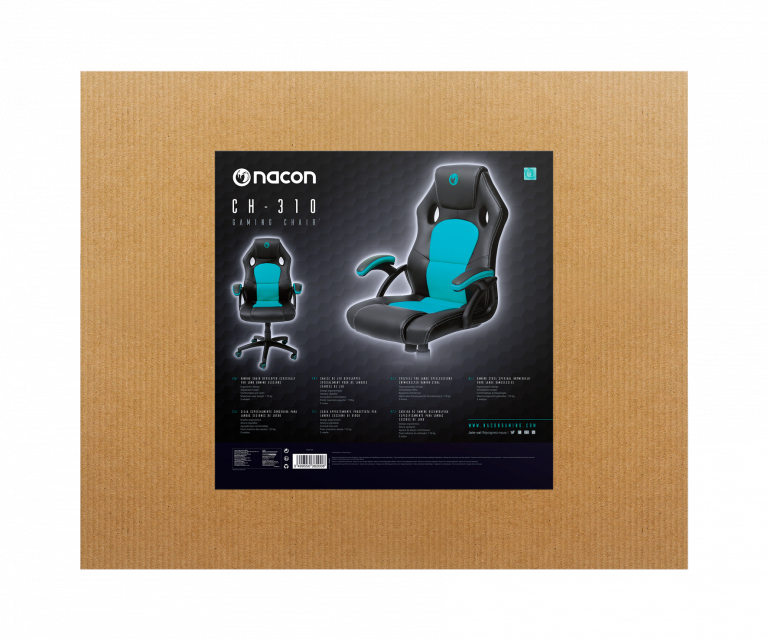 Nacon CH-310 Gaming Stuhl mit schwarzem und blauem Polster. Links und rechts sind Bilder.