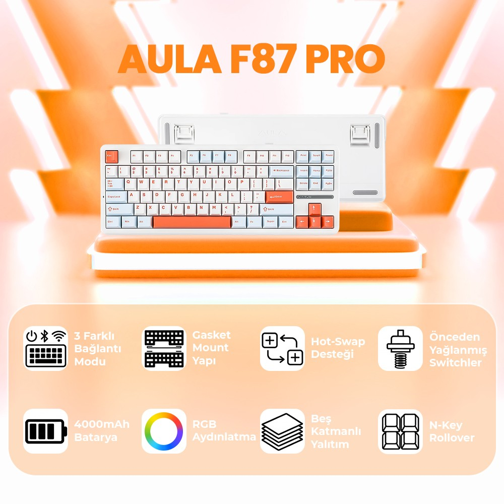 Turuncu vurgulu beyaz AULA F87 PRO klavye ve özellikleri gösteriliyor.