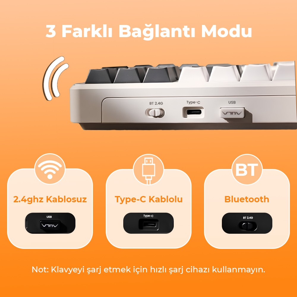 Klavye üç bağlantı moduyla: 2,4 GHz, Type-C ve Bluetooth.