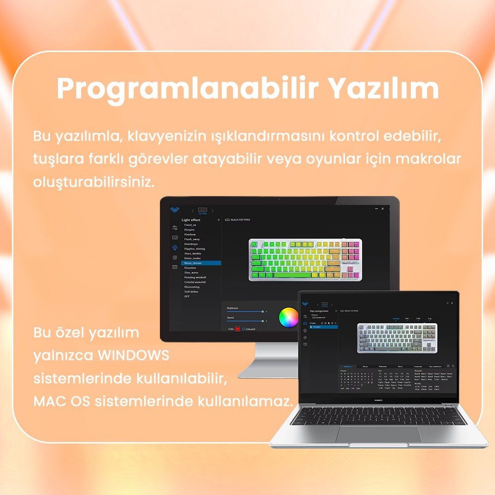 Bir monitör ve dizüstü bilgisayar, RGB aydınlatma seçenekleriyle klavye yazılımı gösteriyor.