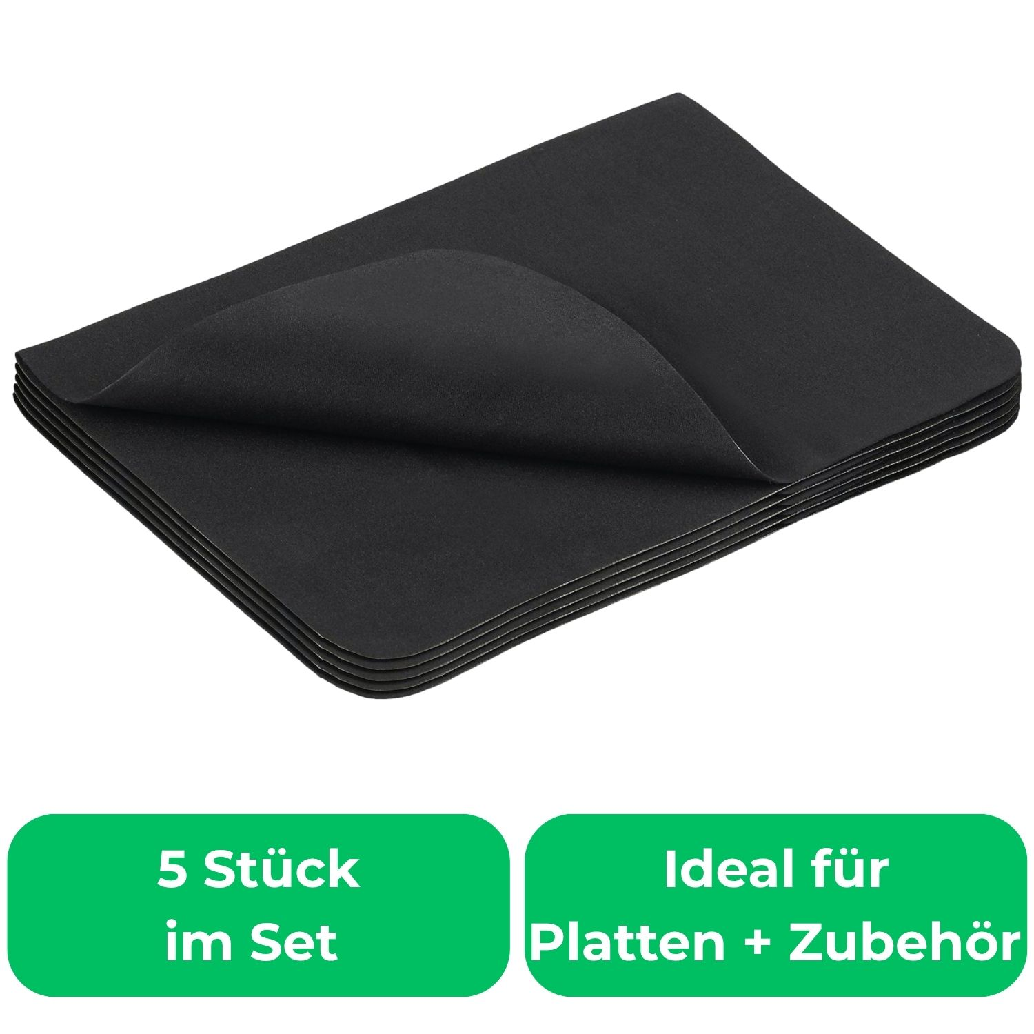 Fünf schwarze, rechteckige Filzunterlagen, gestapelt. Ideal für Platten.