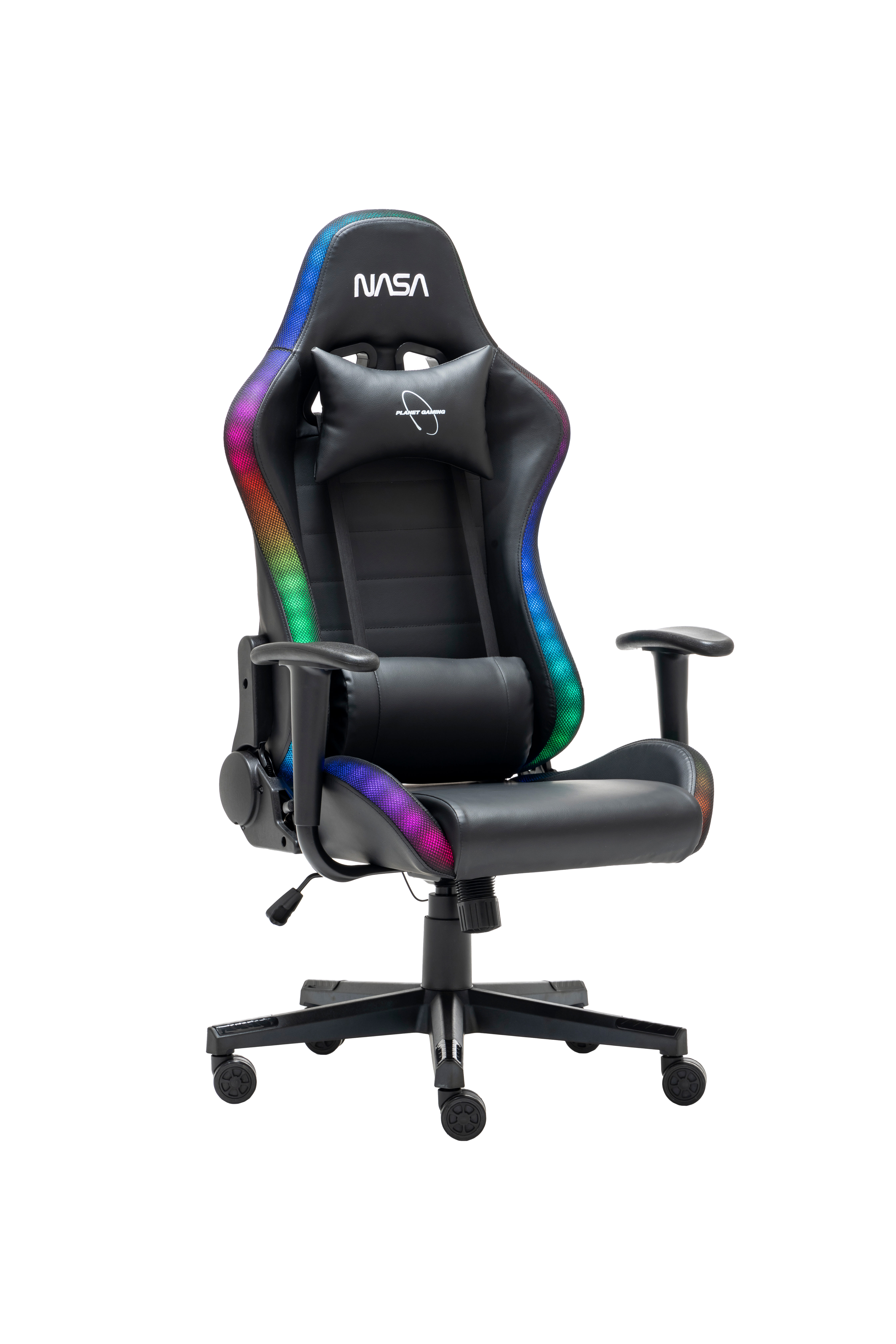 Schwarzer Gamingstuhl mit NASA-Logo und Regenbogen-LEDs.