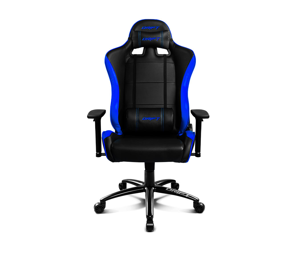 Una silla gamer negra y azul con el nombre de la marca DRIFT en el reposacabezas y cojín lumbar.
