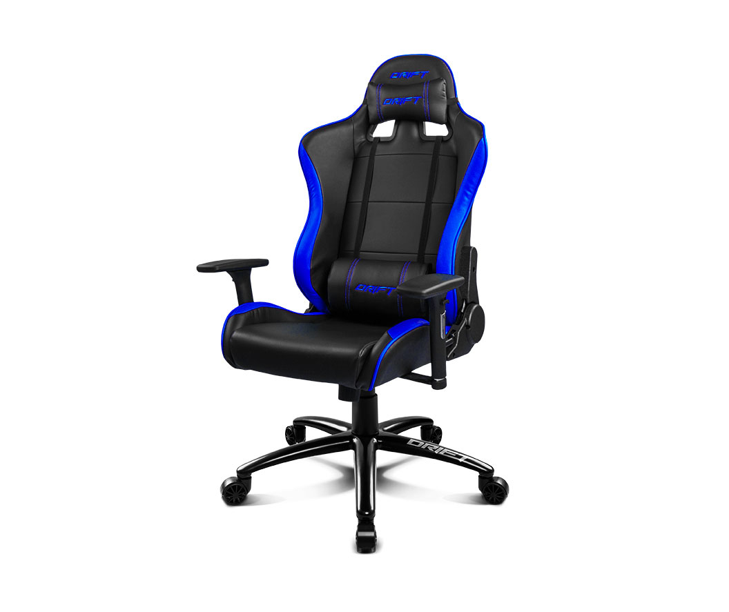Una silla gamer negra con detalles azules y ruedas.