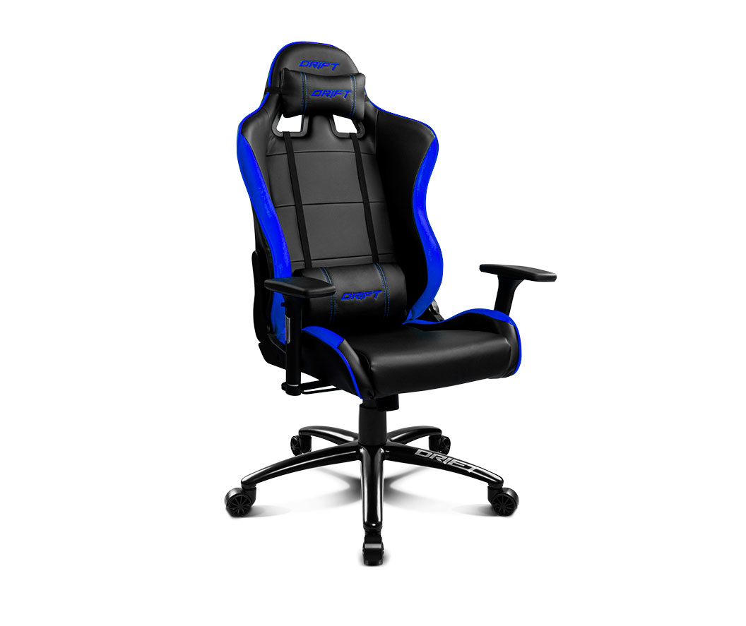 Una silla gamer negra con detalles azules y el logo 'Drift'.