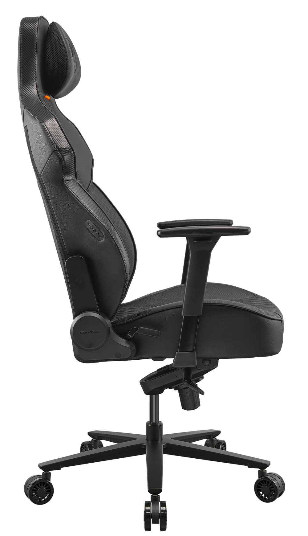 Silla gamer negra con reposacabezas, reposabrazos y base de cinco ruedas.