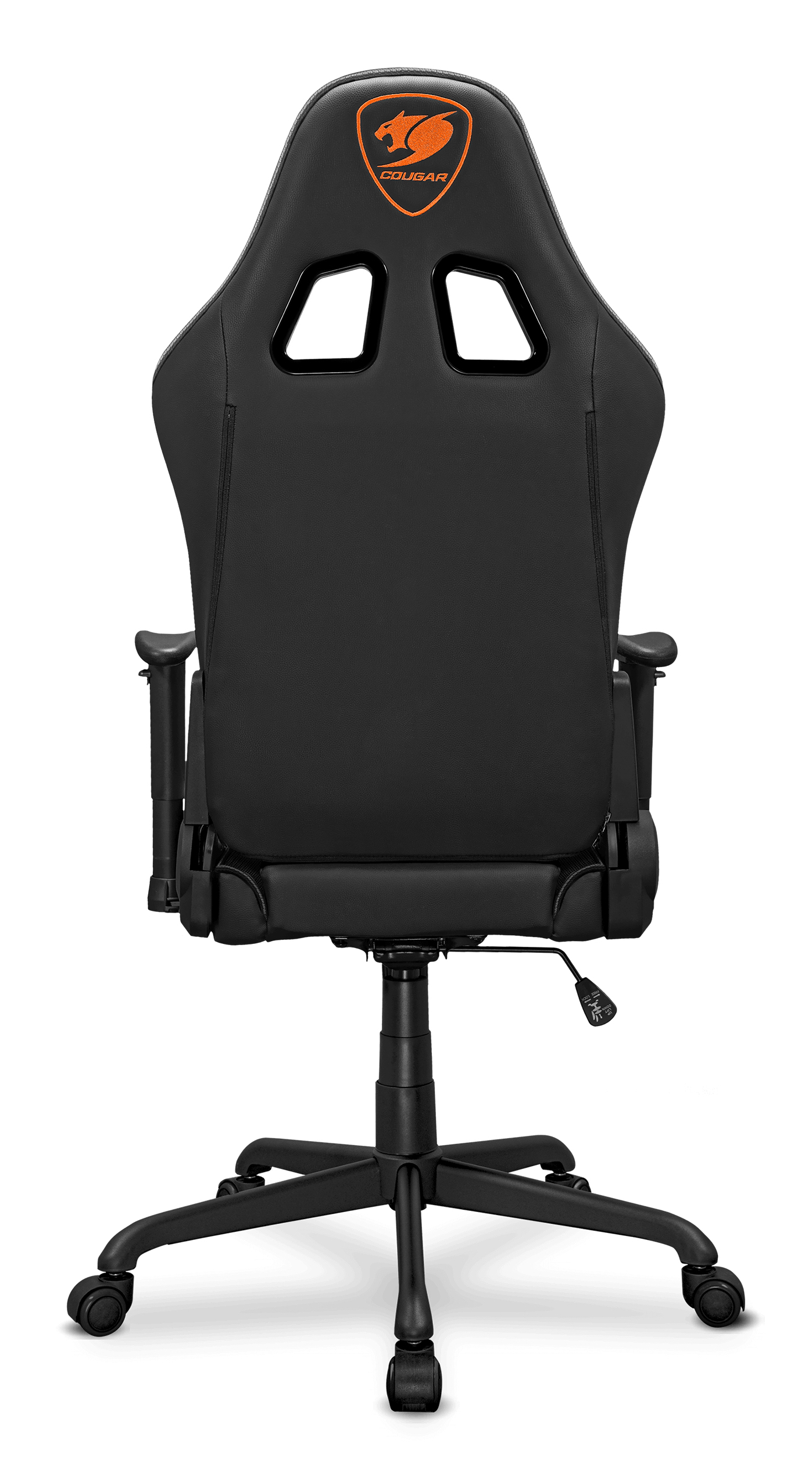 Silla gamer negra con logo naranja, vista trasera, con ruedas.